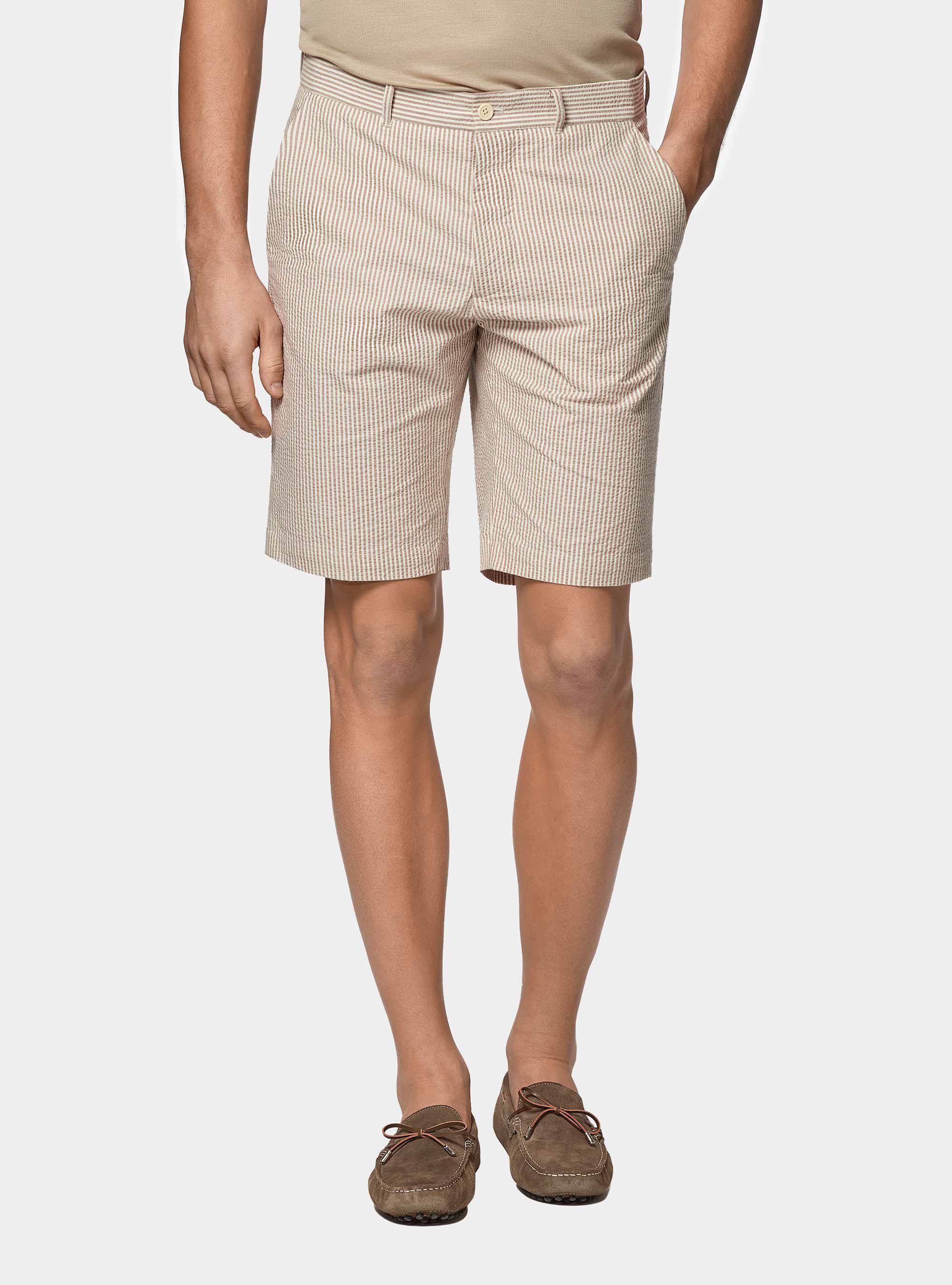 Bermuda seersucker in cotone stretch, SABBIA