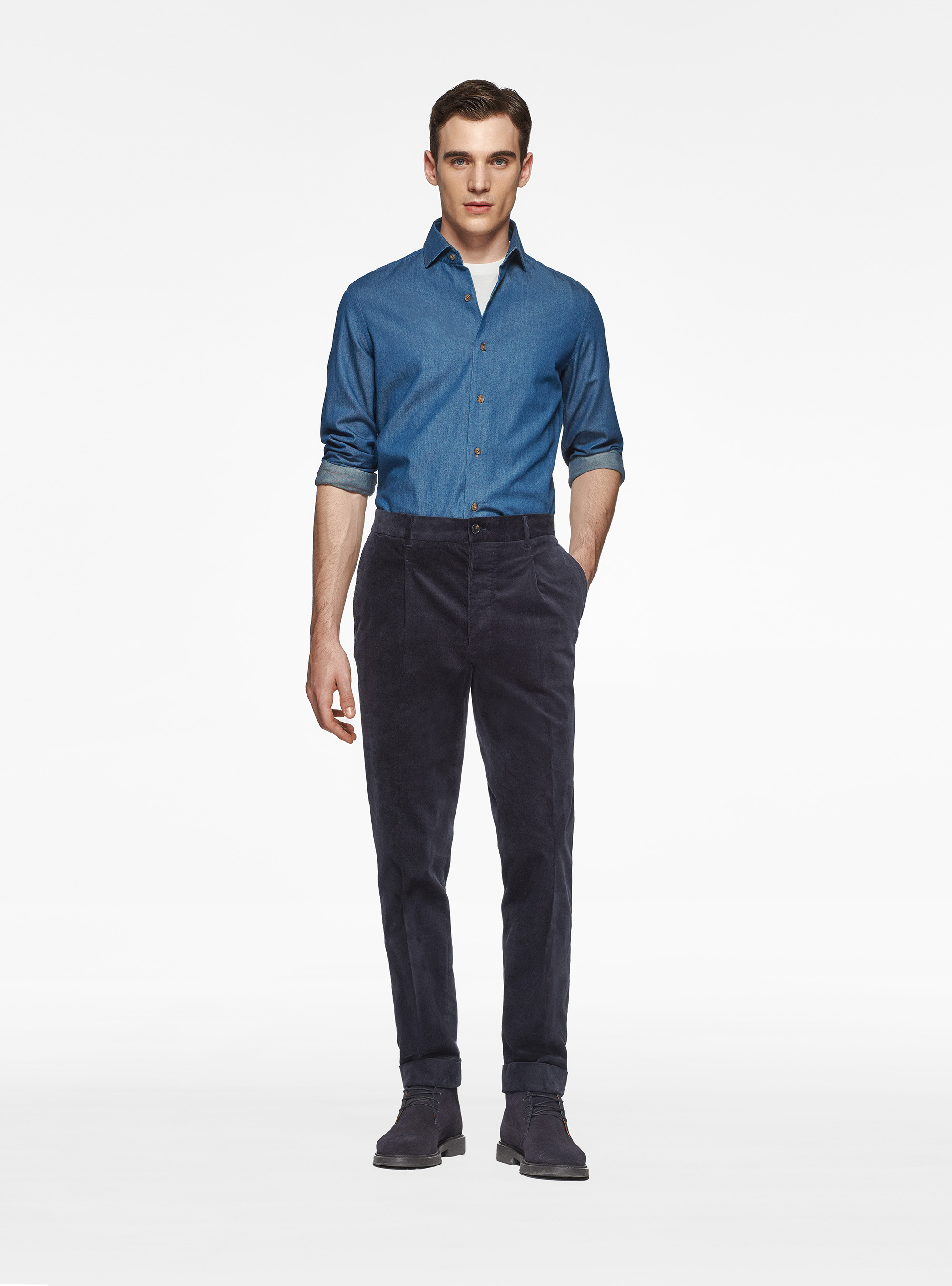 Camicia in cotone chambray, BLU NAVY