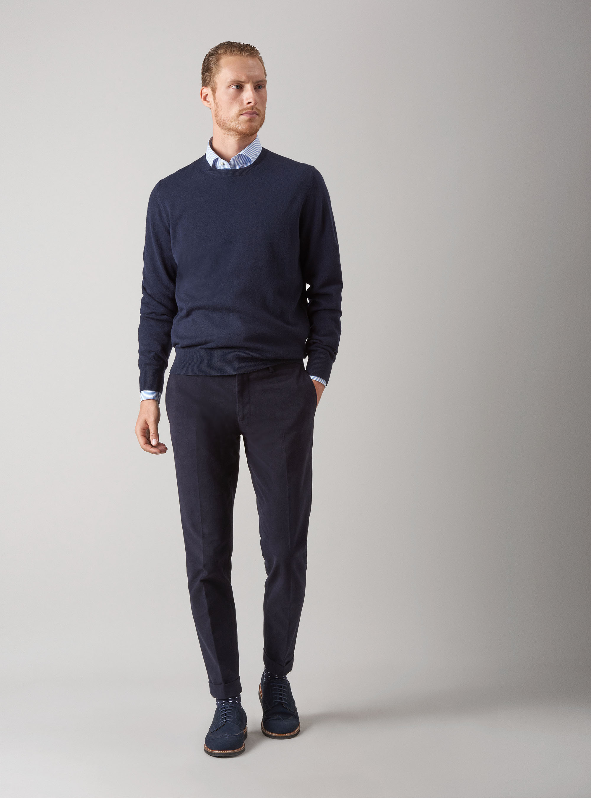 Maglia girocollo in lana lambswool e cashmere, BLU NAVY