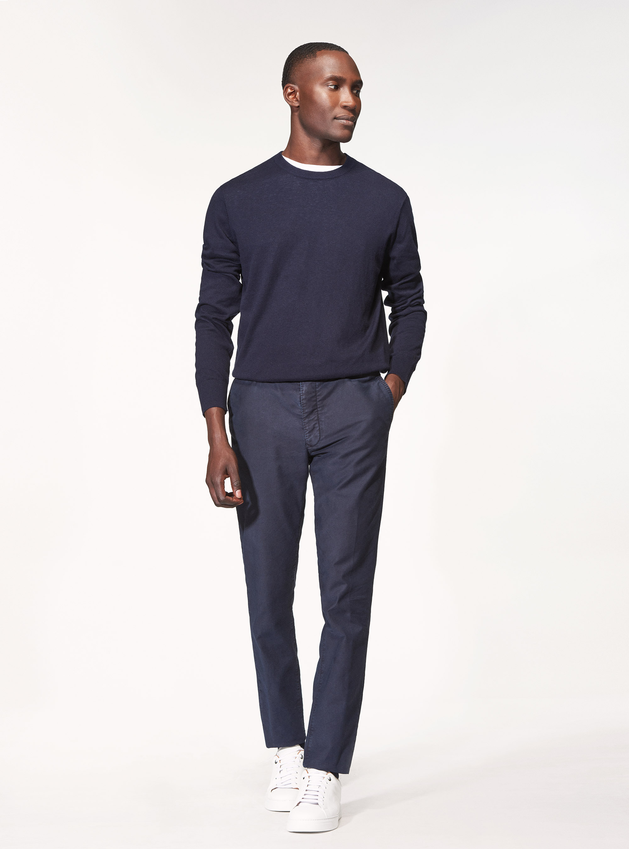 Jersey de cuello redondo de algod&oacute;n, seda y cachemira, AZUL MARINO