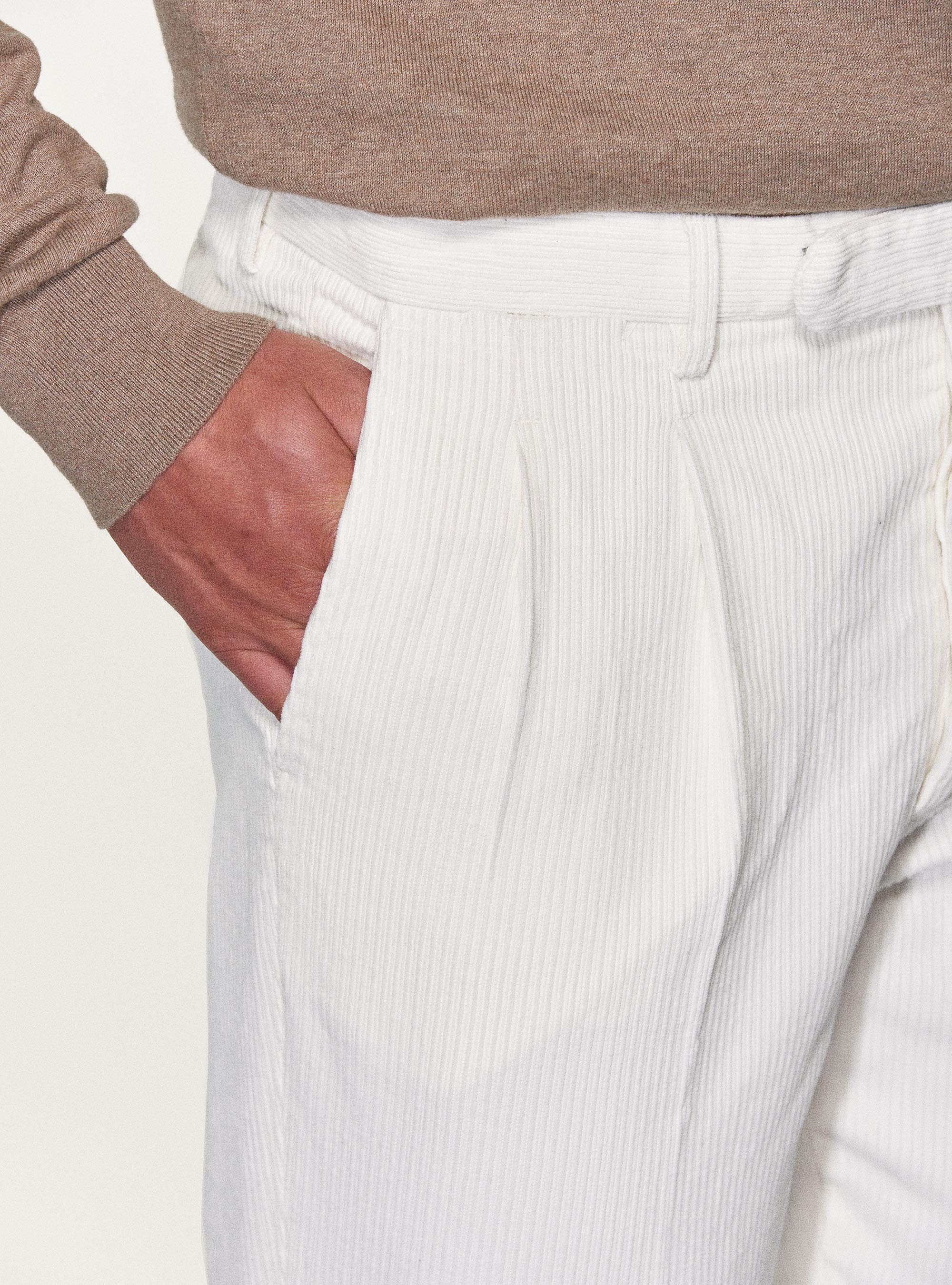 Pantaloni doppia pince in velluto di cotone, PANNA