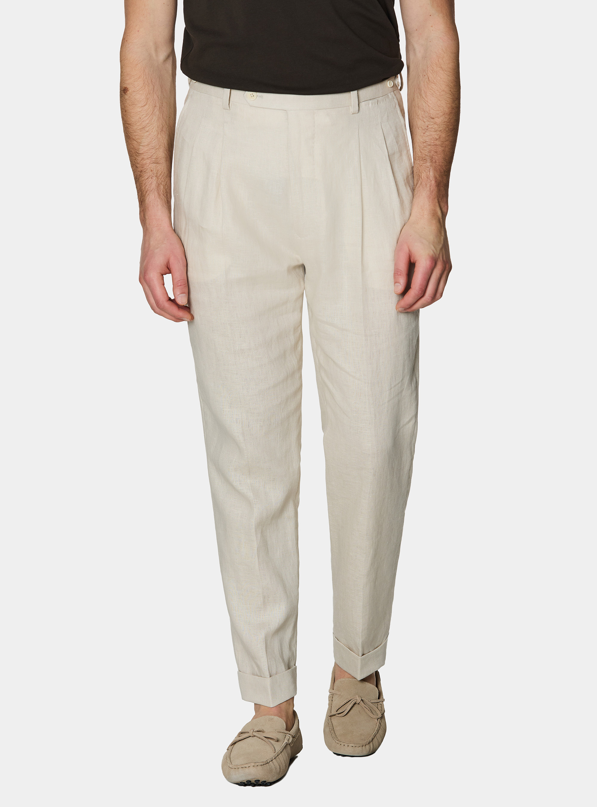 Pantaloni con pince in puro lino, ECRU