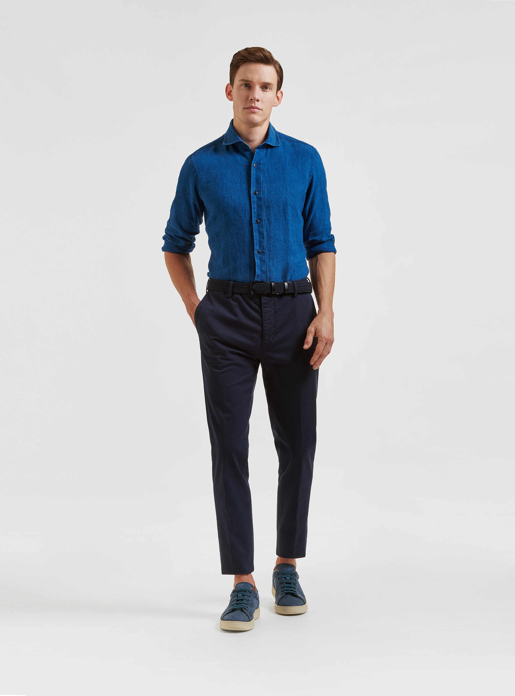 Hemd mit halb-franz&ouml;sischem Kragen aus Leinen-Baumwolle, BLUE 0241C