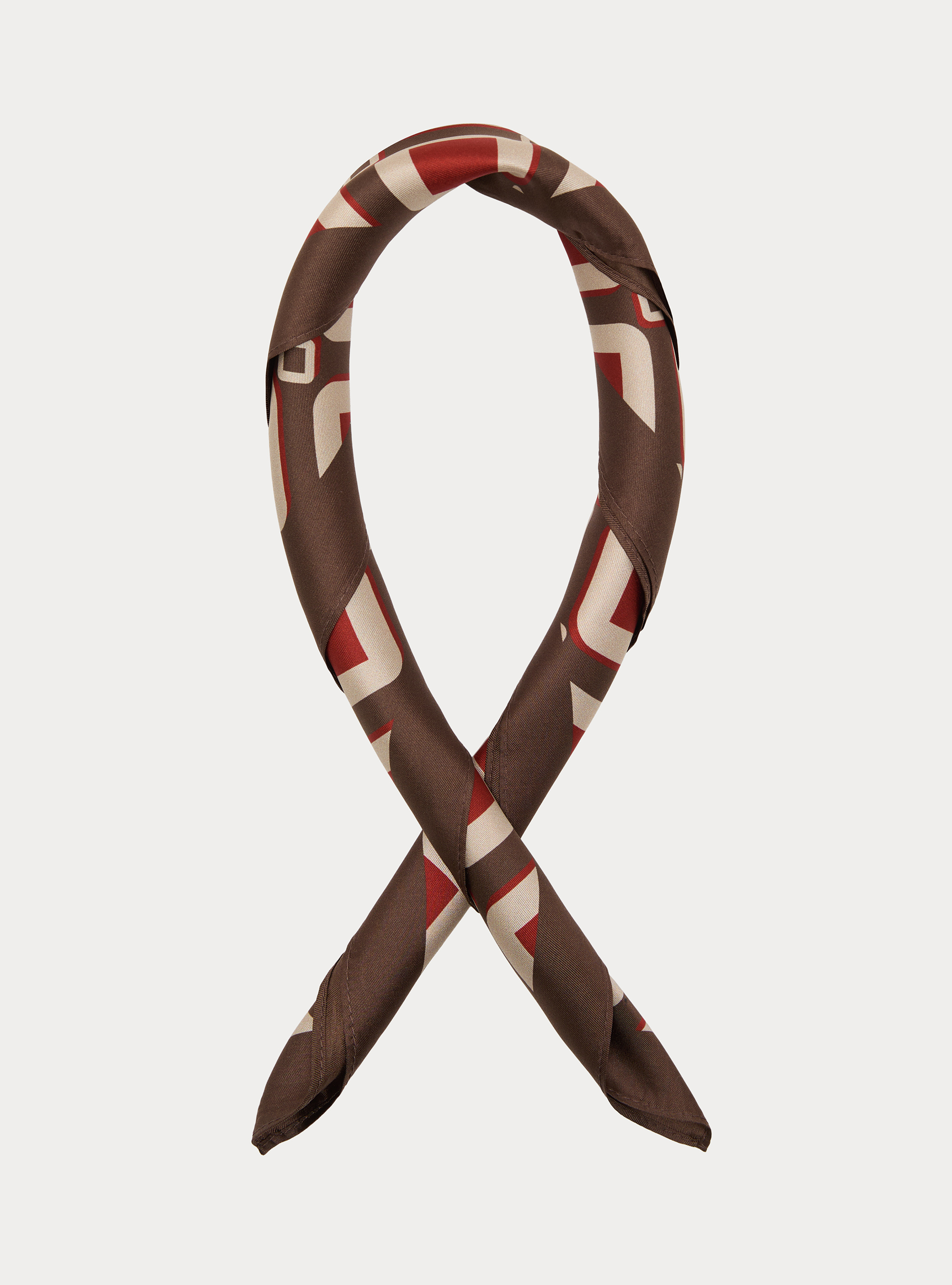 Foulard stampato in seta fantasia geometrica, BROWN