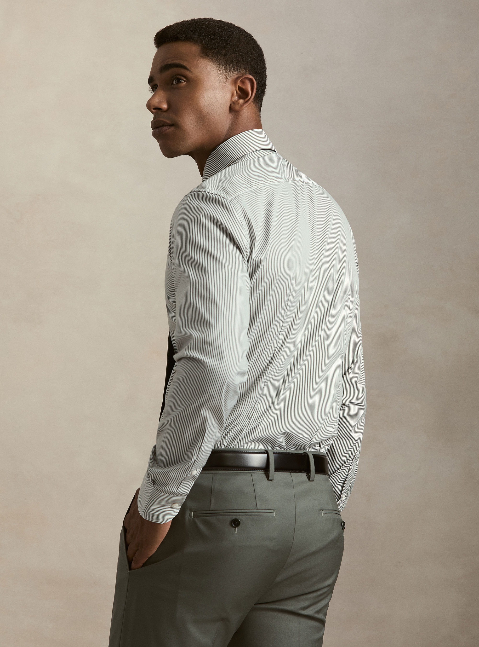 Camisa de rayas de popel&iacute;n de algod&oacute;n el&aacute;stico, VERDE