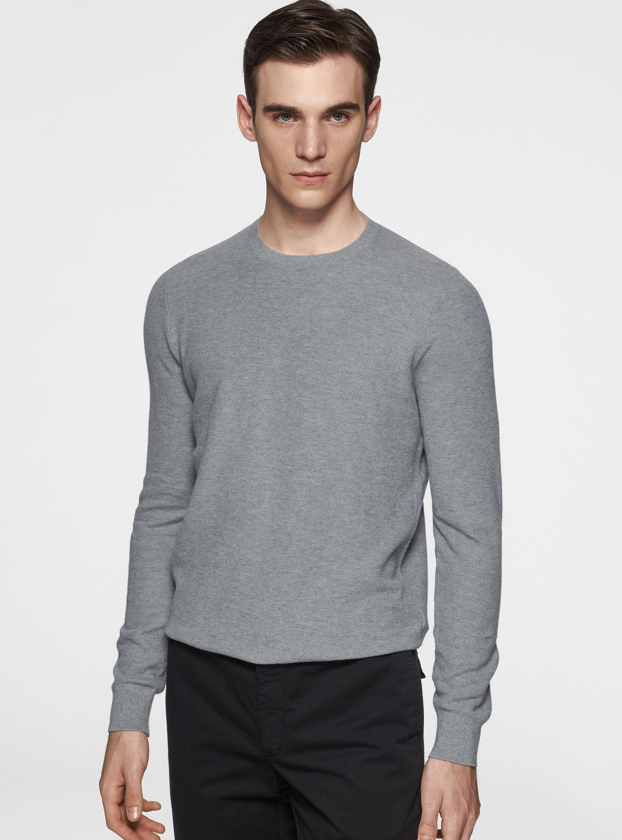 Maglia girocollo nido d'ape in cotone cashmere, GRIGIO MELANGE 0151C