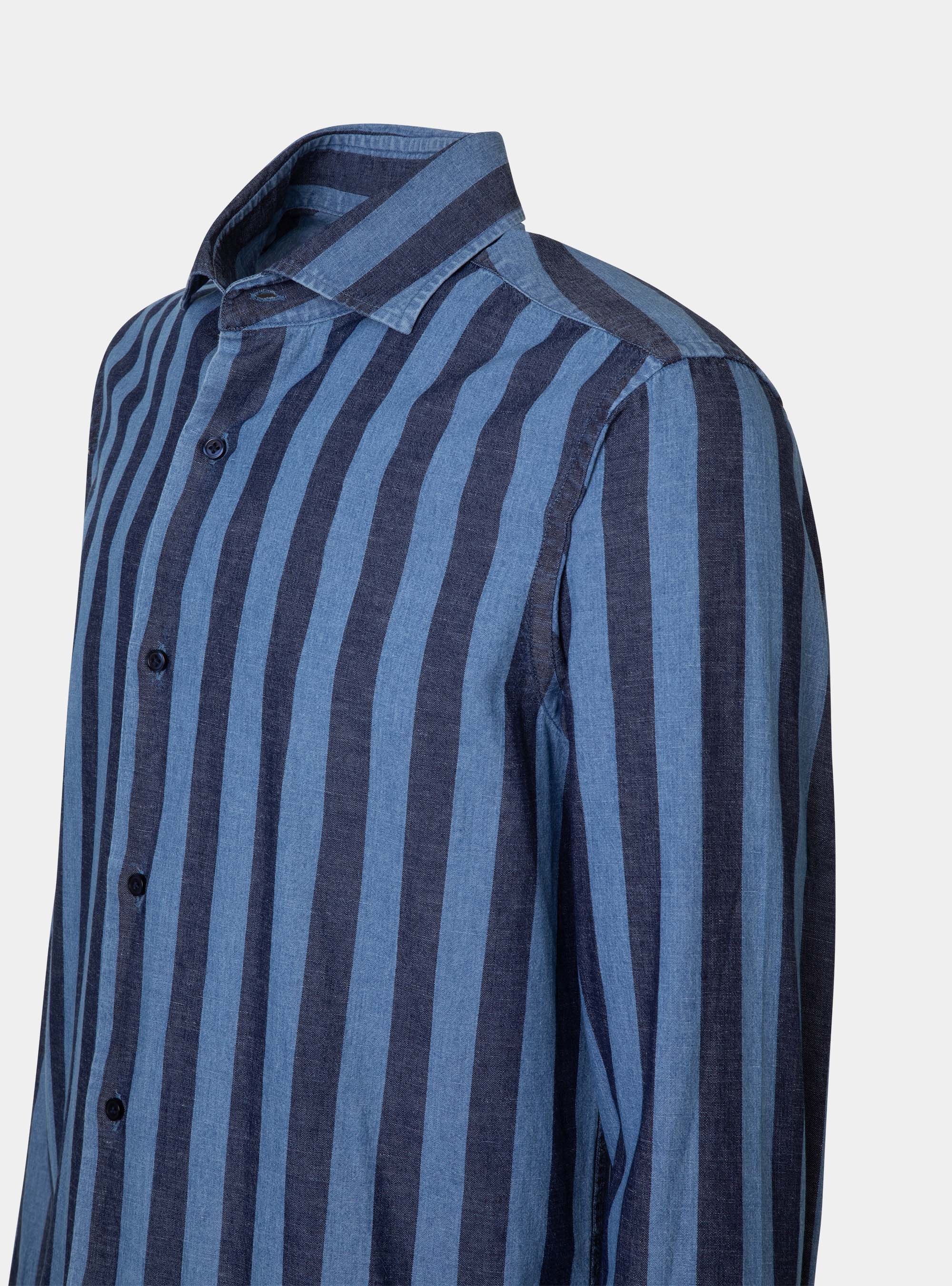 Camicia in cotone e lino a righe, BLU NAVY