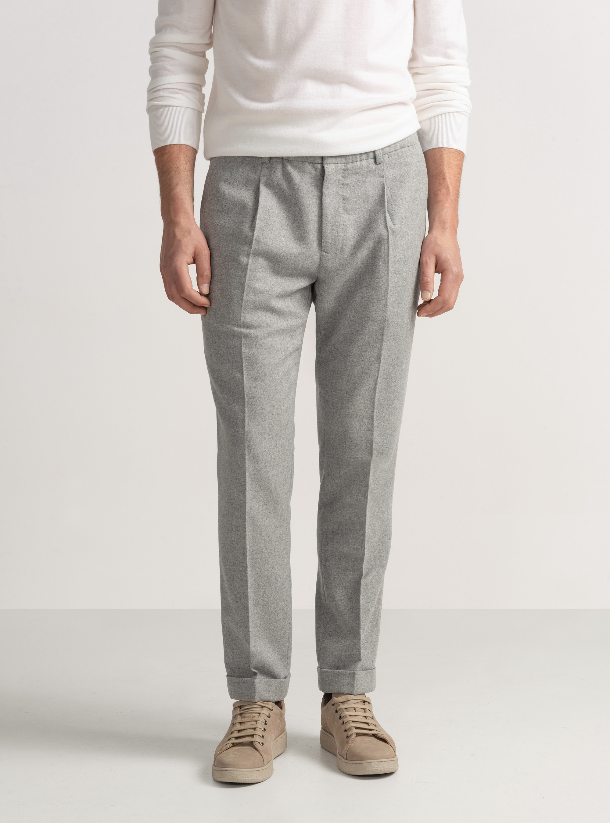 Pantaloni leggeri con pince e coulisse in misto lana, GRIGIO CHIARO