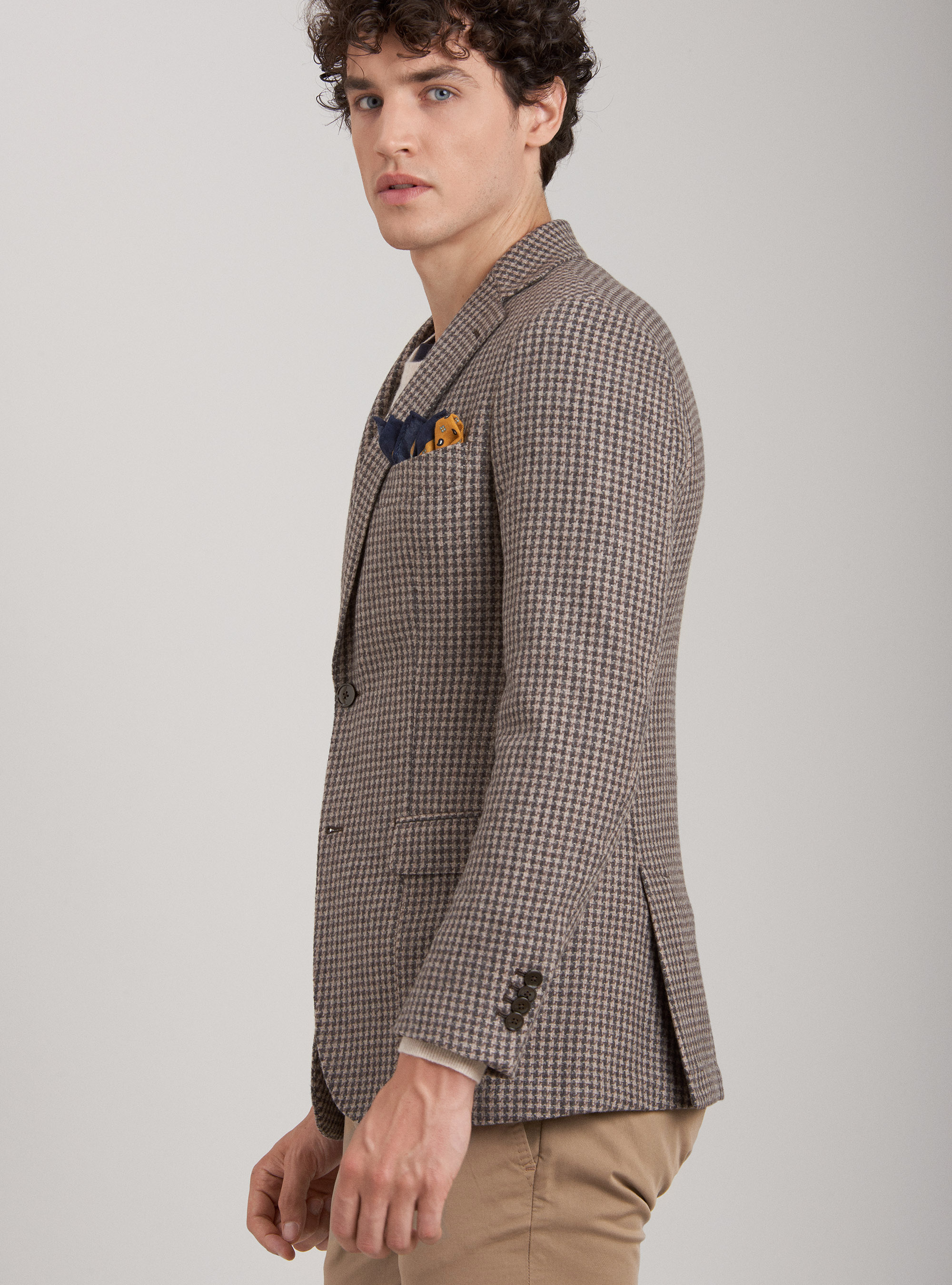  Pied de poule Blazer in wool, cotton and cashmere, BROWN