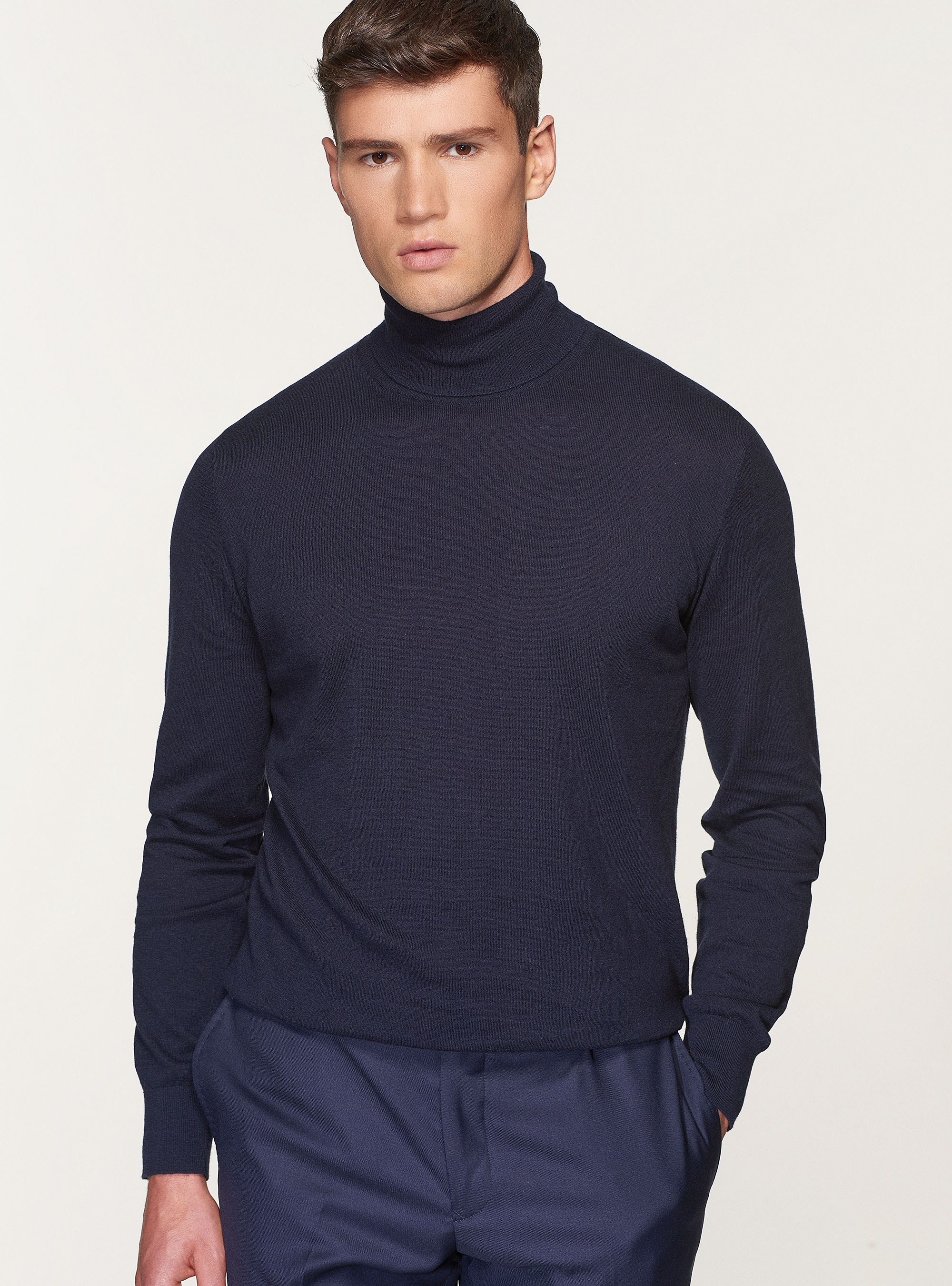 Dolcevita in cotone seta e cashmere, BLU NAVY