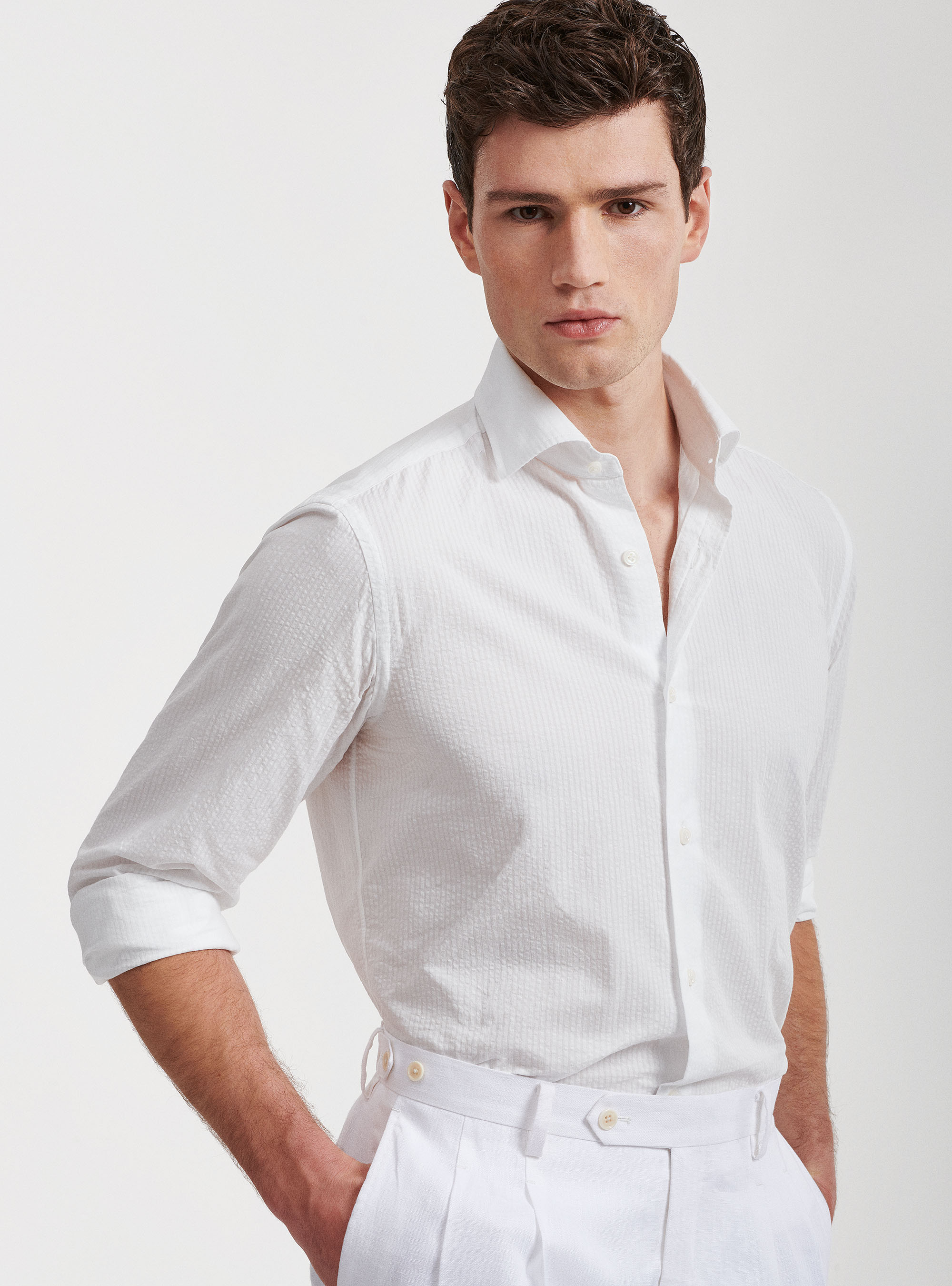 Camicia collo semi francese in cotone seersucker