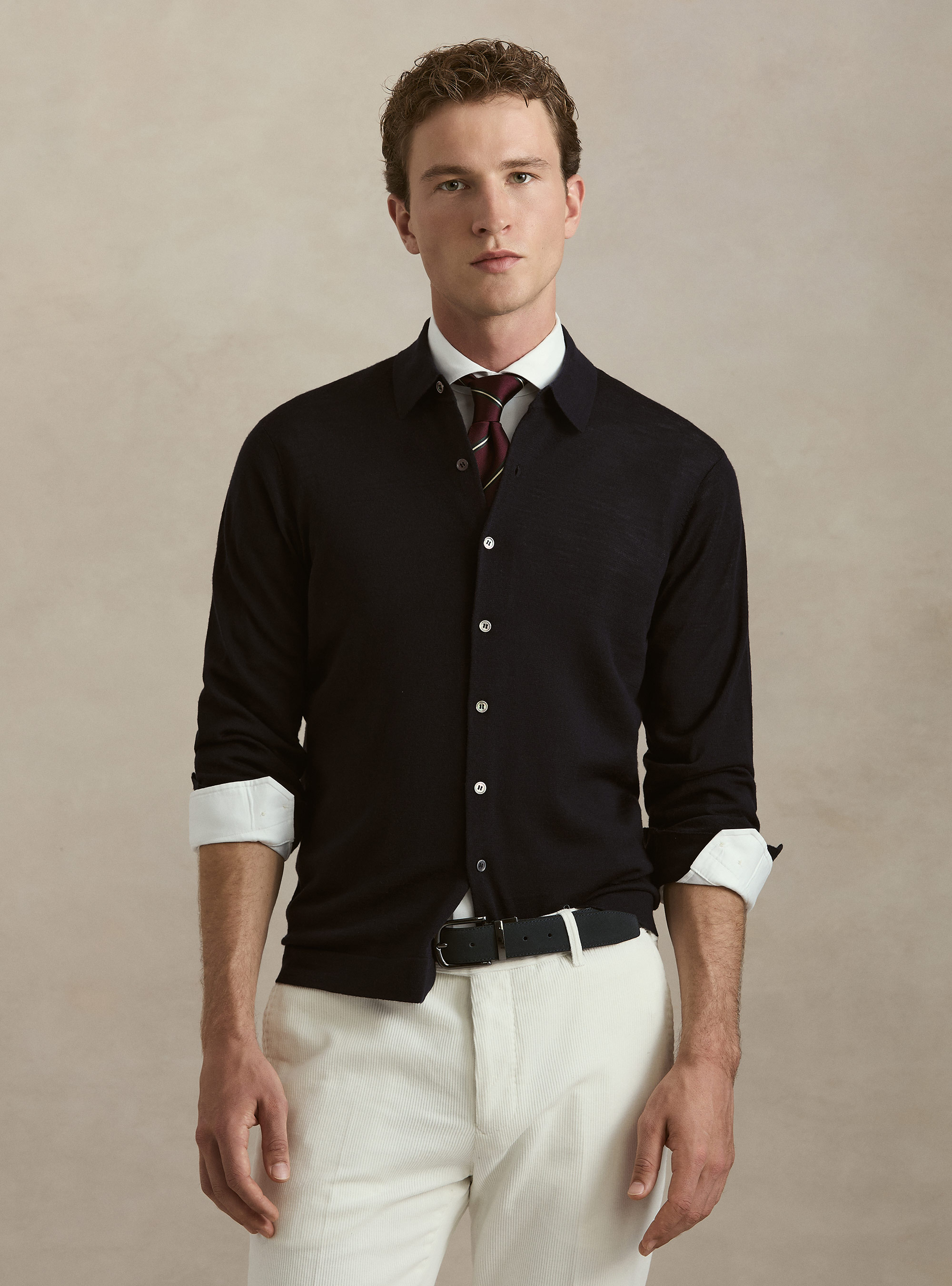 Polo de punto en lana merino extrafina, AZUL MARINO