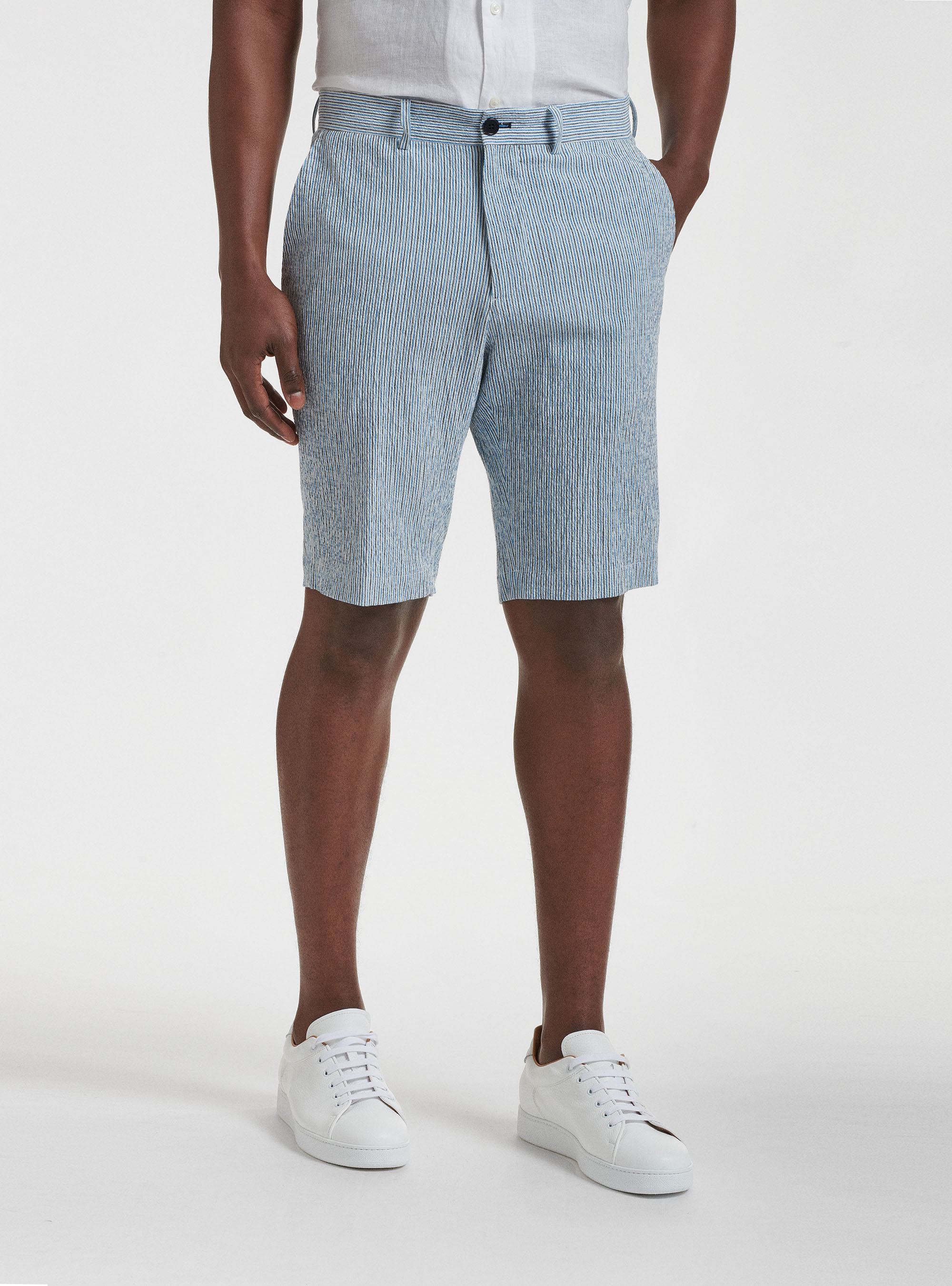 Bermuda in cotone e lino seersucker rigato