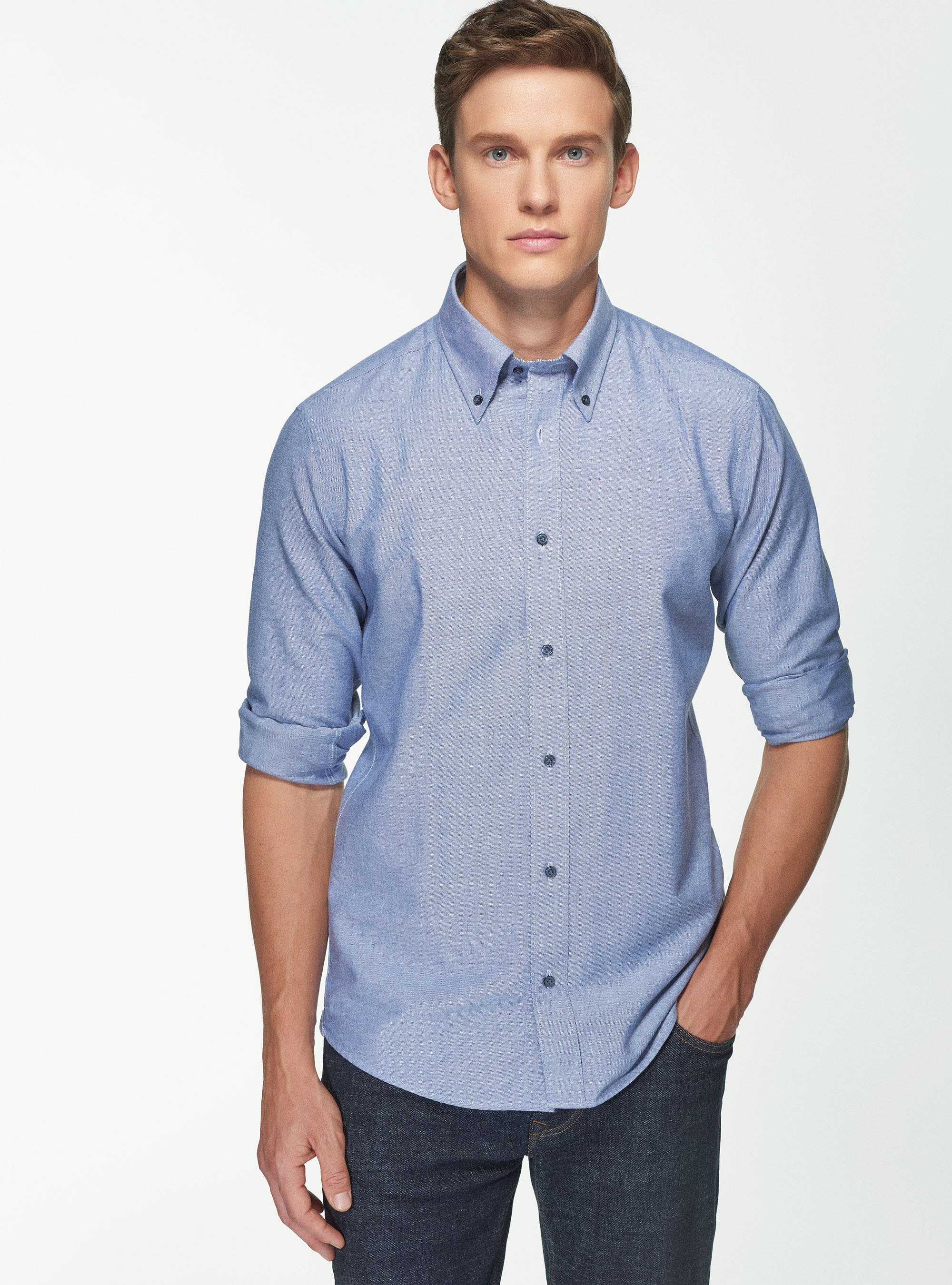 Camicia collo button down in cotone oxford lavato, BLU NAVY