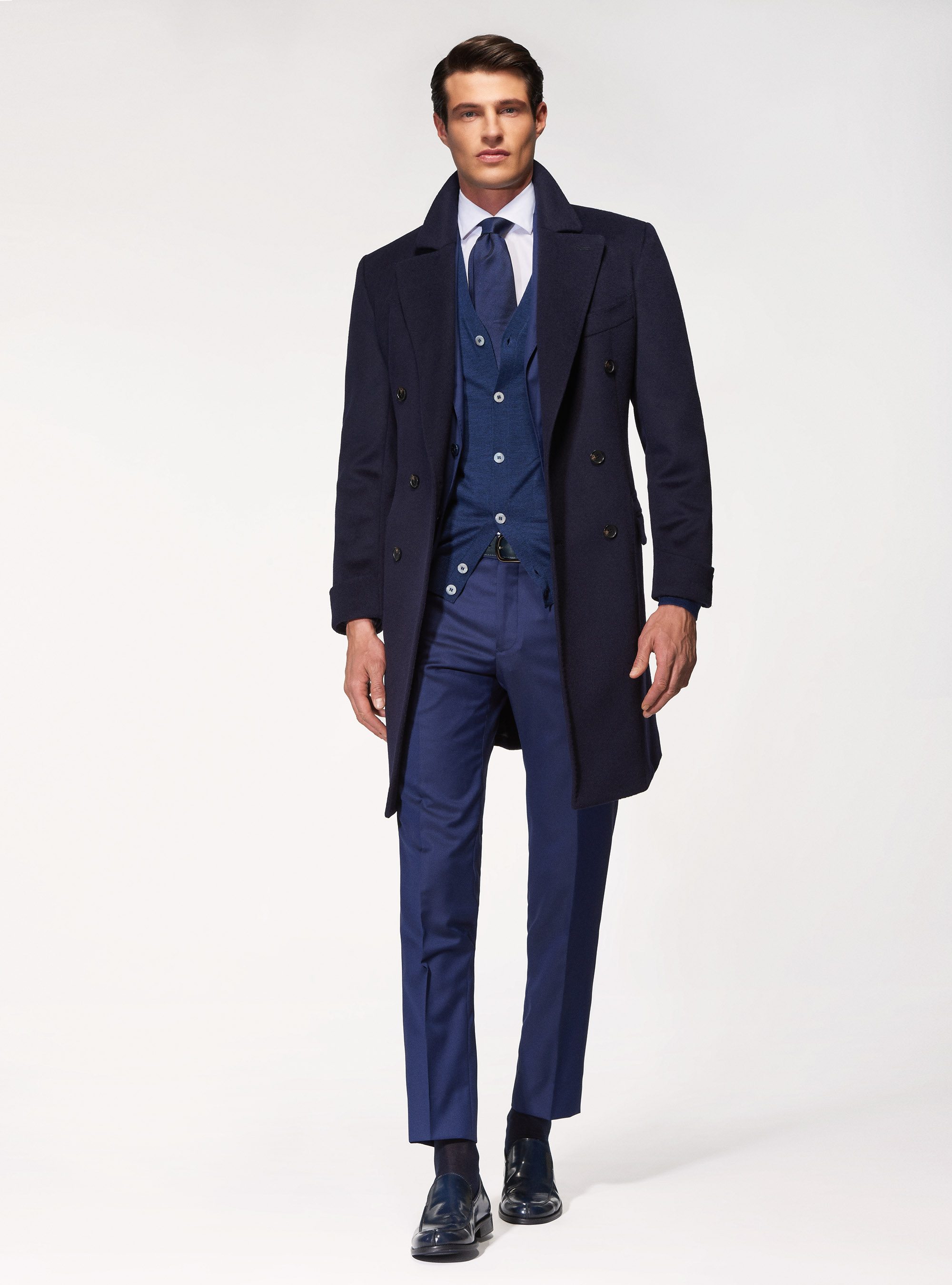 Cashmere wool double-breasted coat, NAVY BLUE
