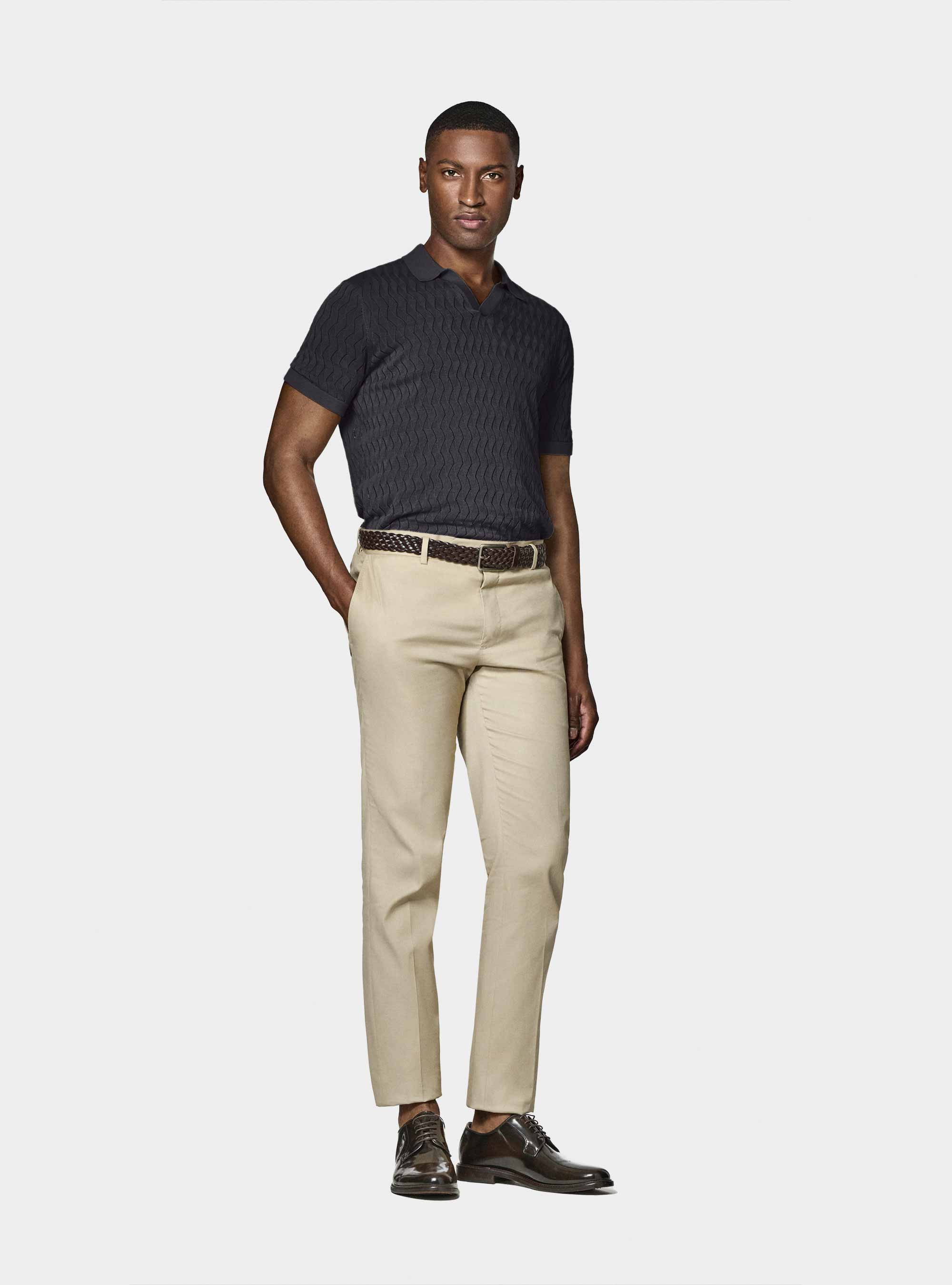 Polo in maglia traforata senza bottoni in cotone e seta, BLU NAVY