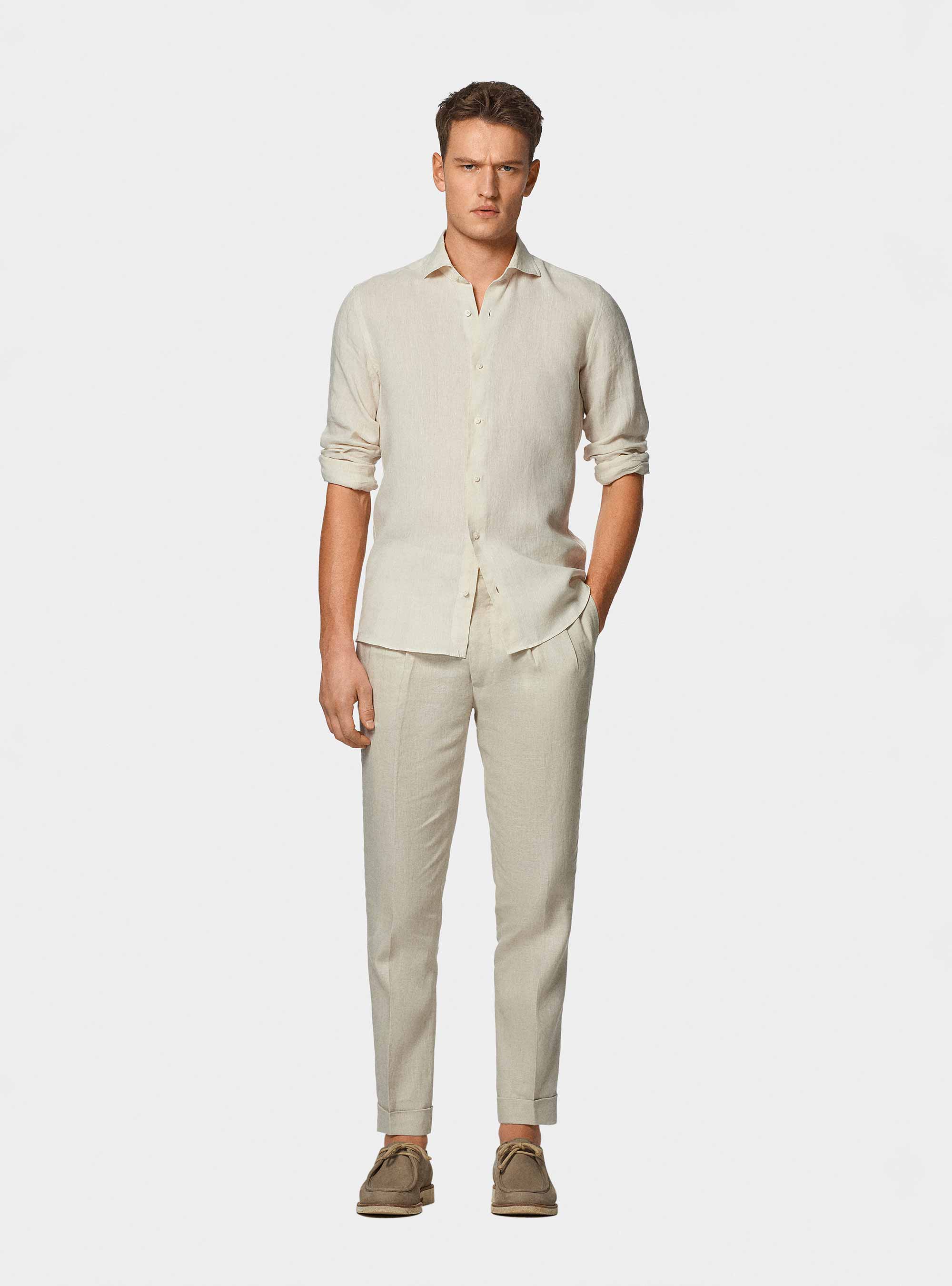 Pure linen double pleat trousers, ECRU