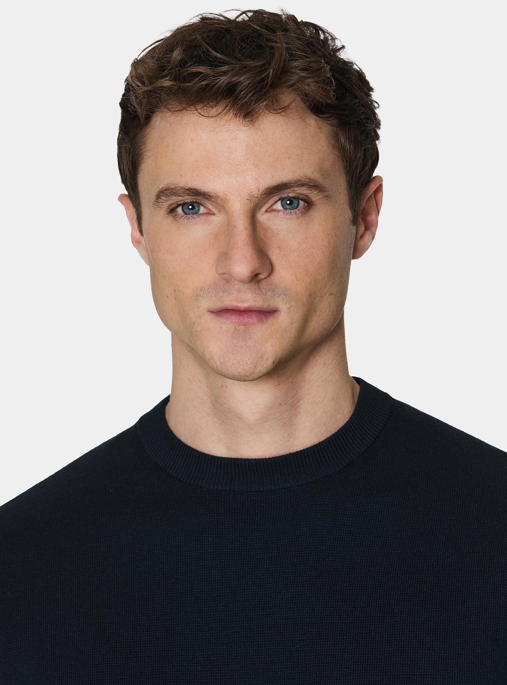 Cotton blend crew neck sweater, NAVY BLUE