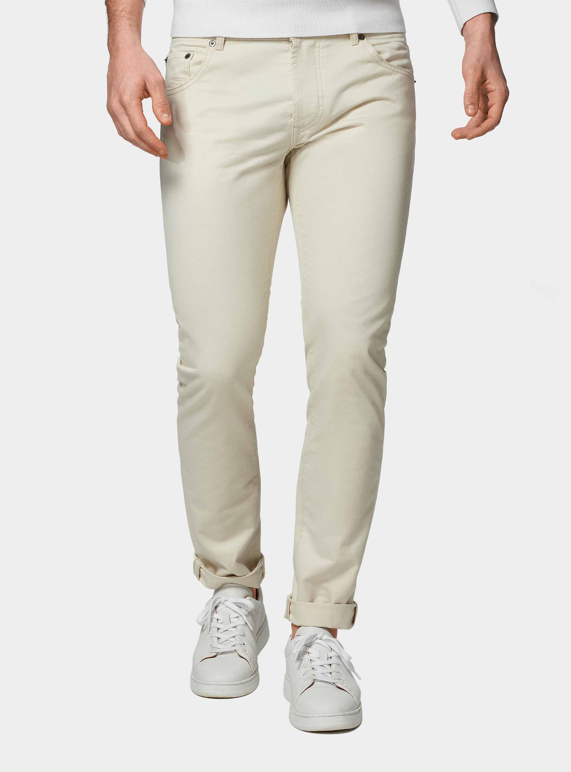 Pantaloni 5 tasche in twill di cotone, PANNA