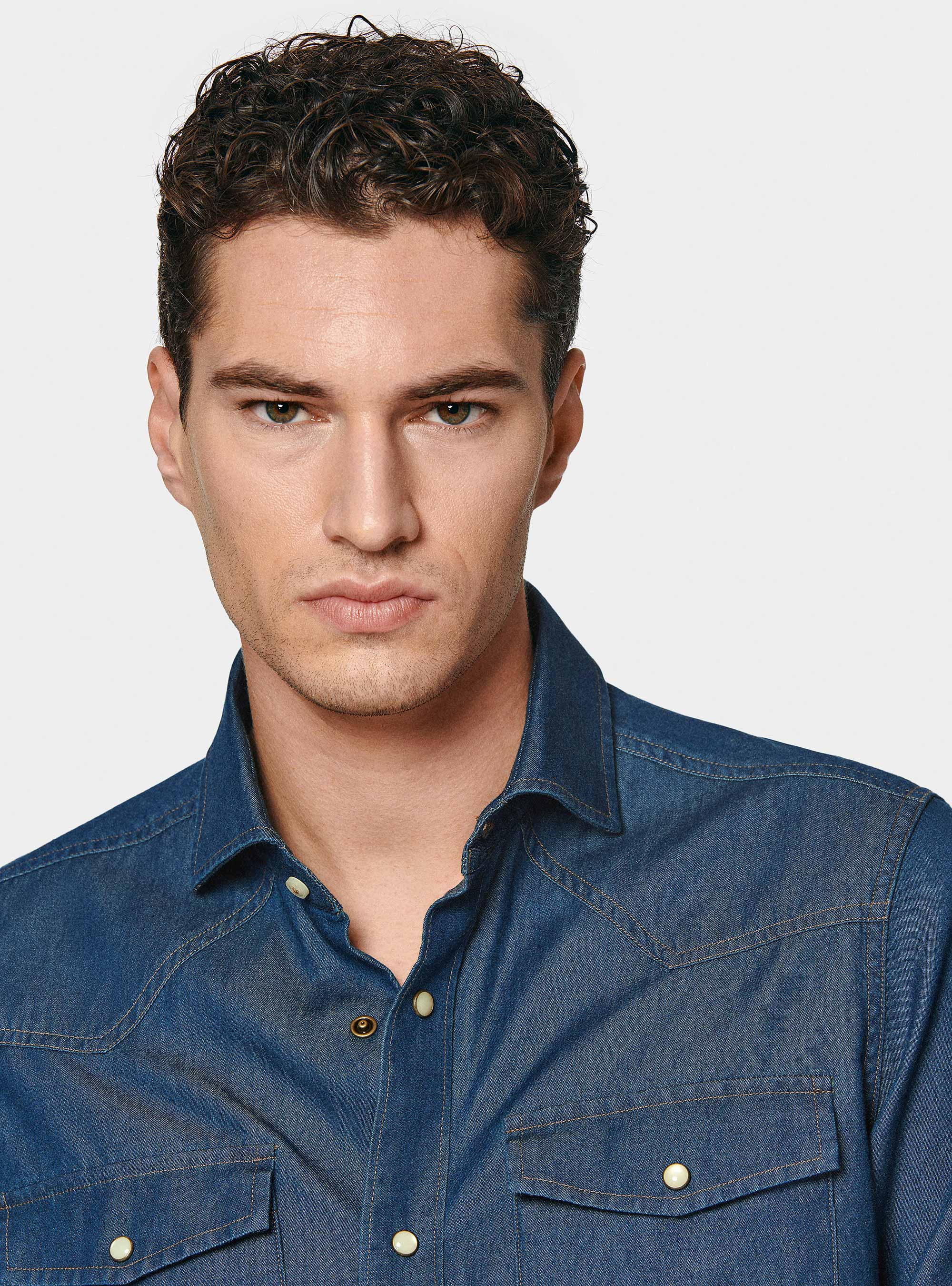 Camicia western in cotone chambray, BLU NAVY