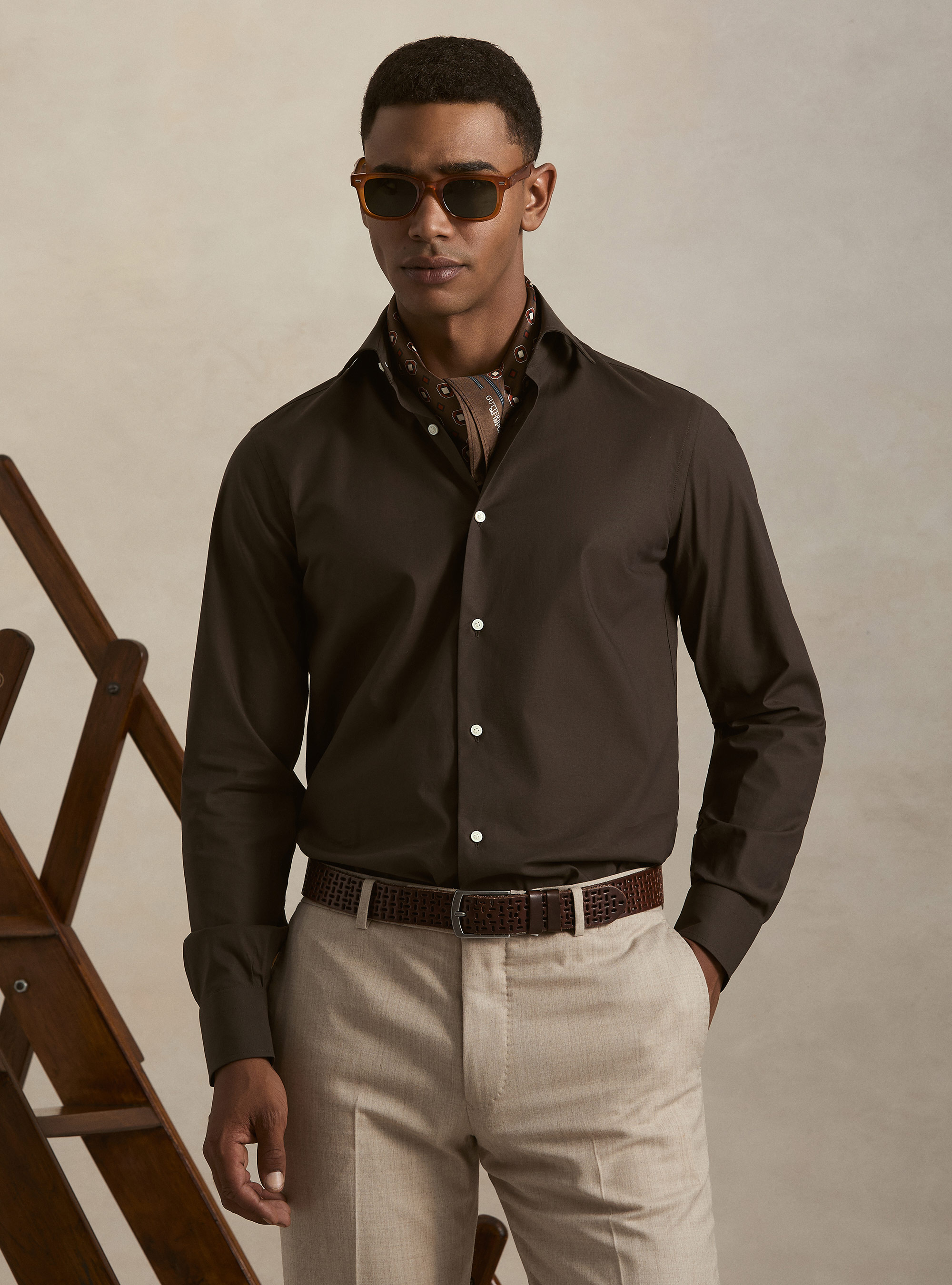Camicia in cotone popeline stretch, MARRONE