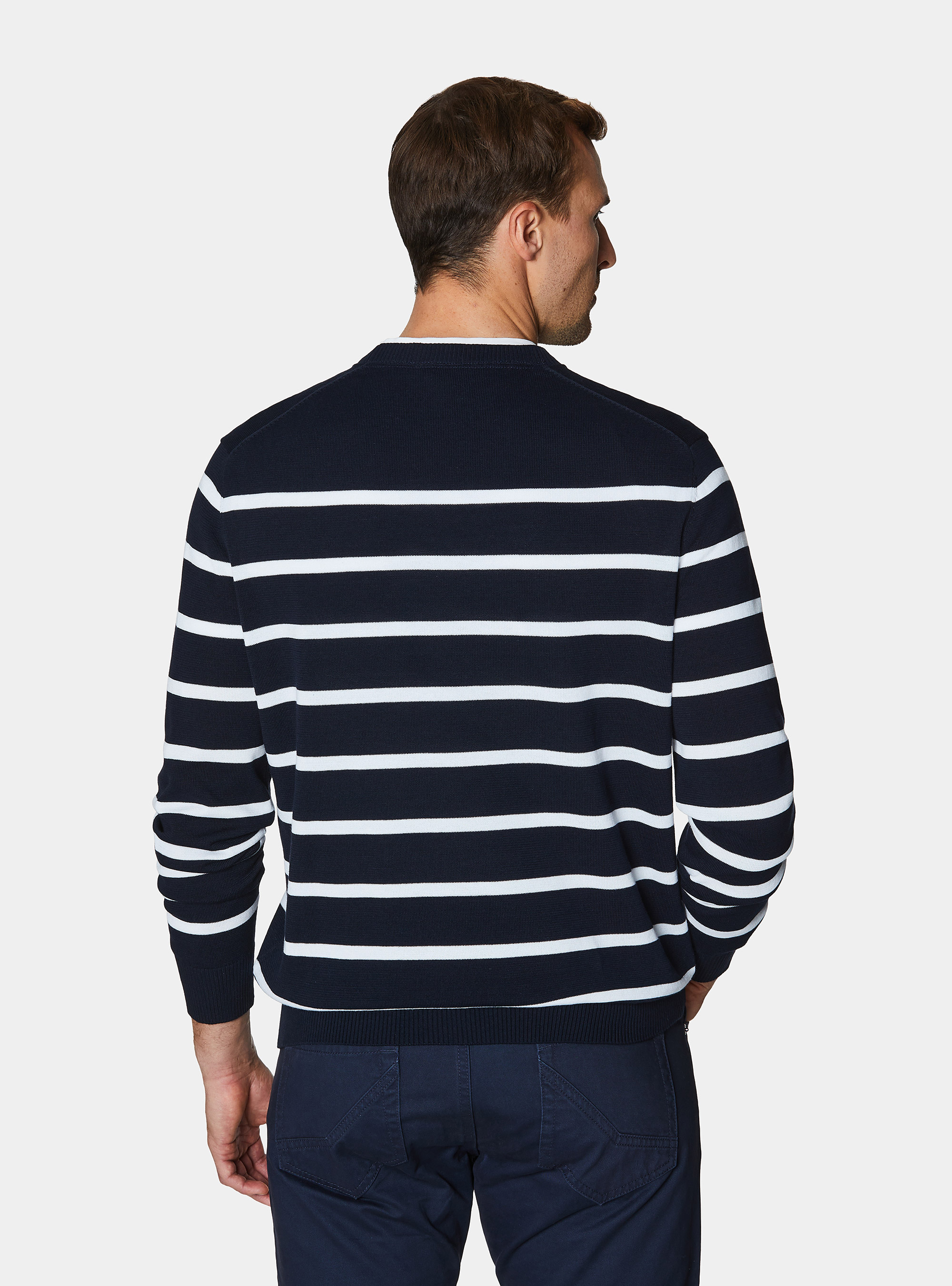 Crew-neck sweater in extra-fine striped cotton, NAVY BLUE