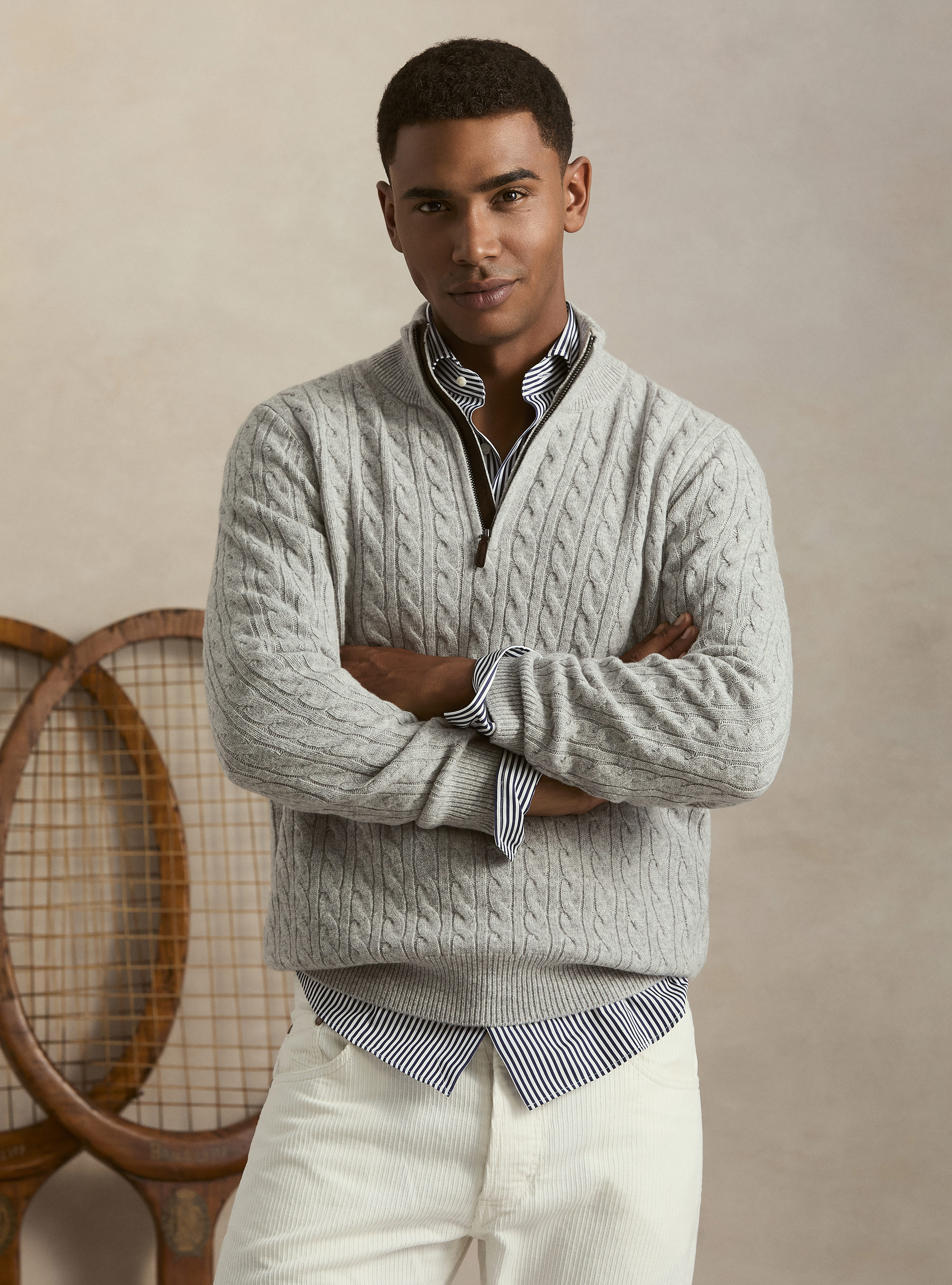 Cable-knit wool and cashmere mock neck sweater, LIGHT GREY MELANGE
