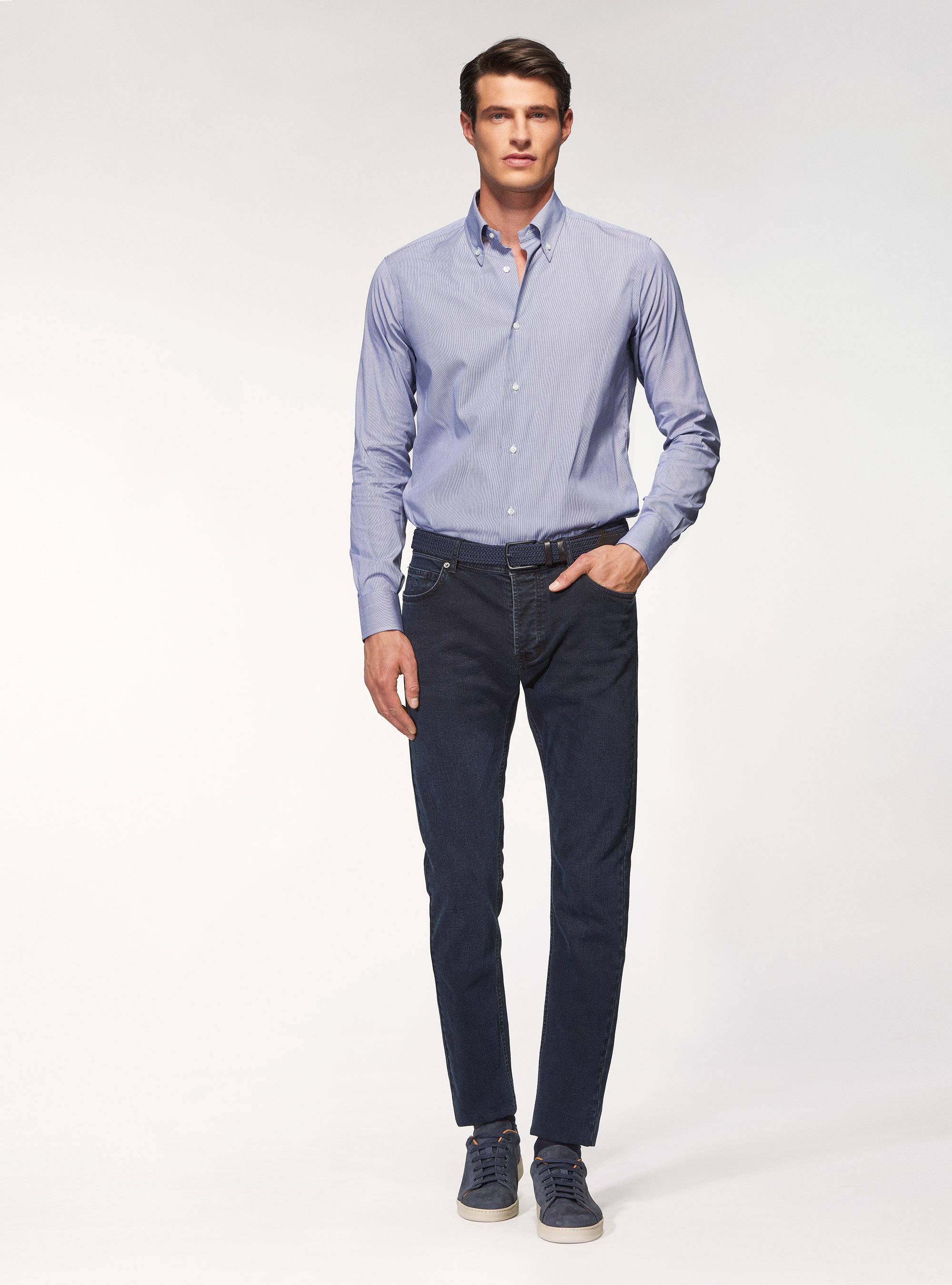 Camicia button down in cotone millerighe, BLU NAVY