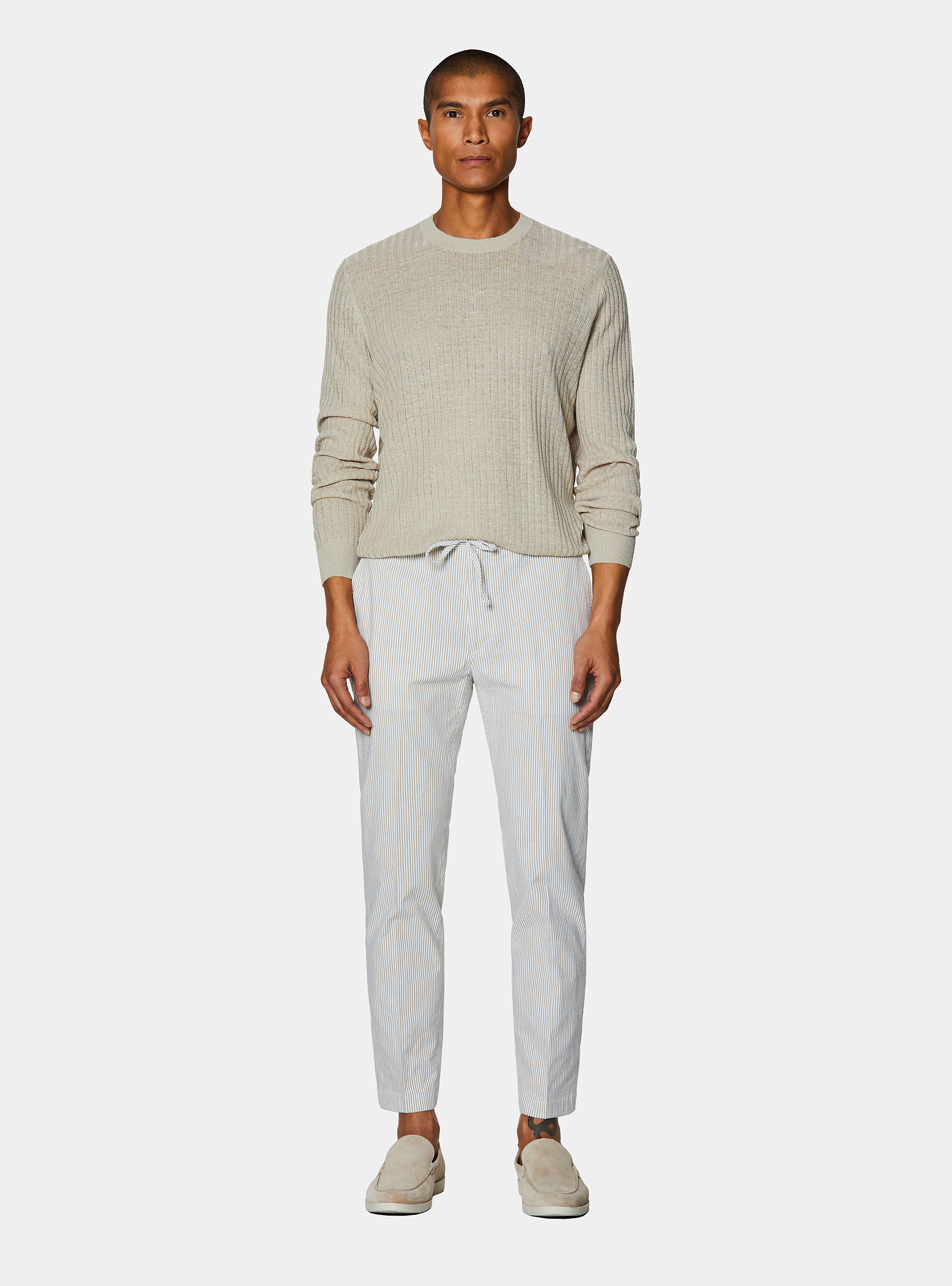 Seersucker cotton blend striped drawstring trousers, SAND