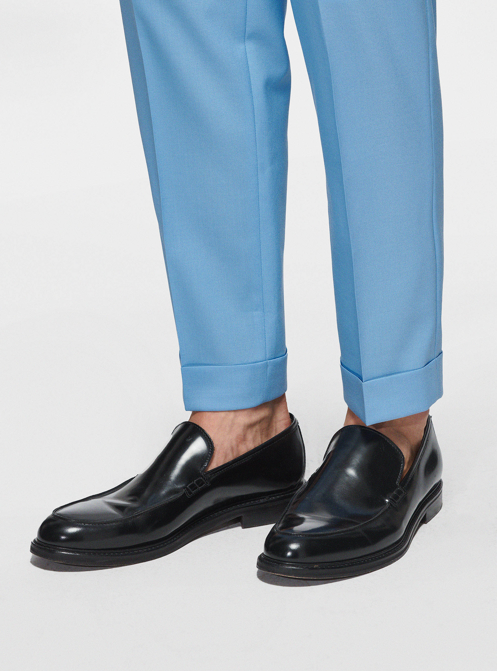 Pantaloni con pince in pura lana, AZZURRO