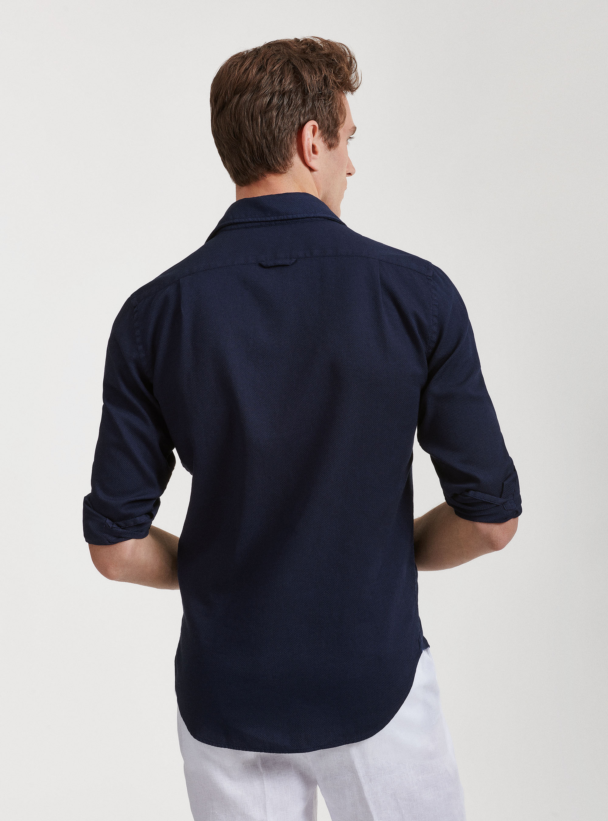 Camicia collo semi francese in cotone tinto in capo, BLU NAVY