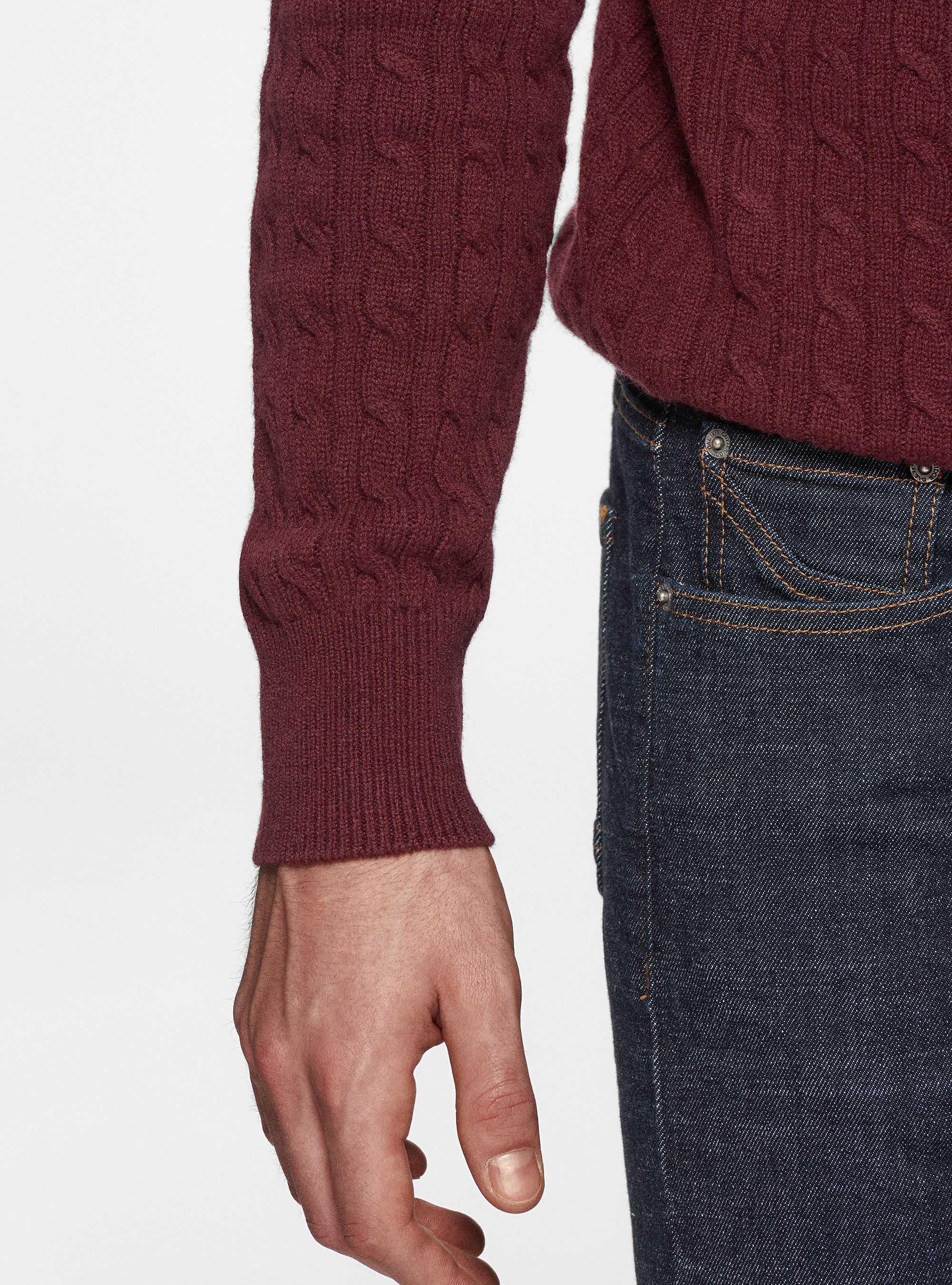 Maglia girocollo con treccia in lana e cashmere, BORDEAUX