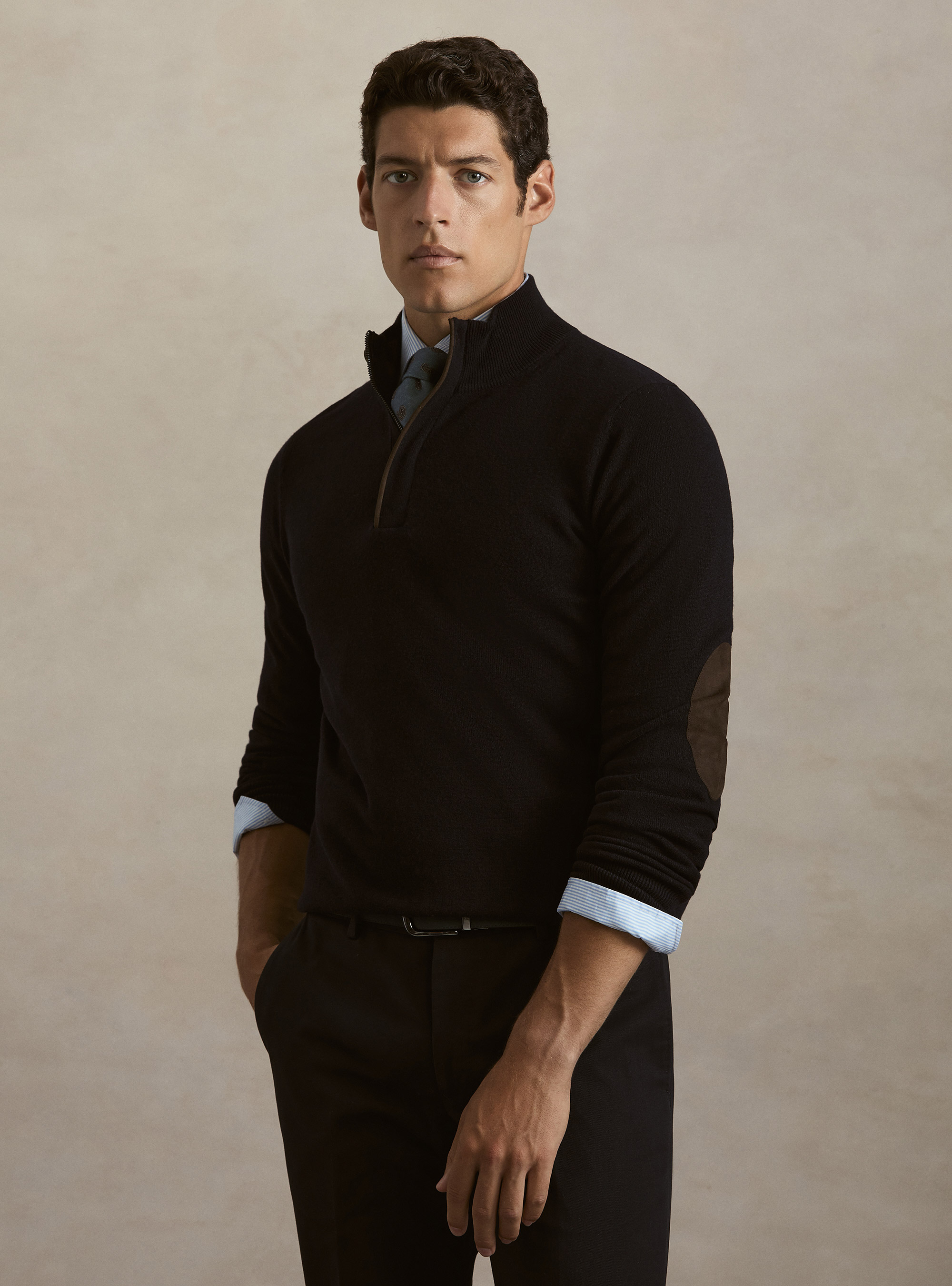 Half-zip lambswool and cashmere sweater, NAVY BLUE