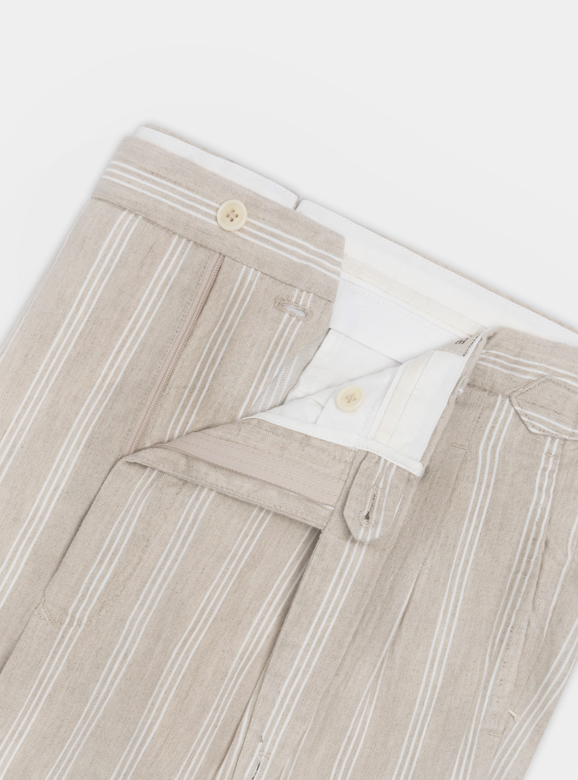 Linen and cotton double pleat trousers with strap, ECRU