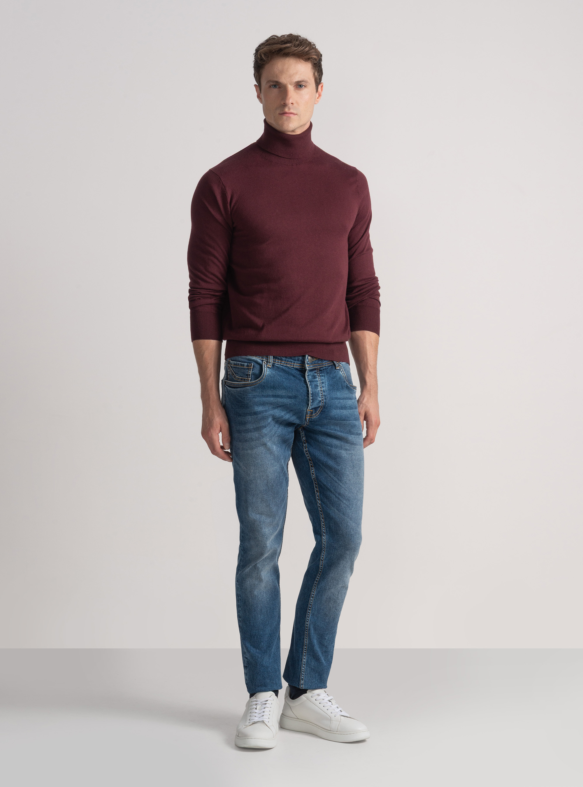 Silk and cashmere cotton turtleneck, BORDEAUX