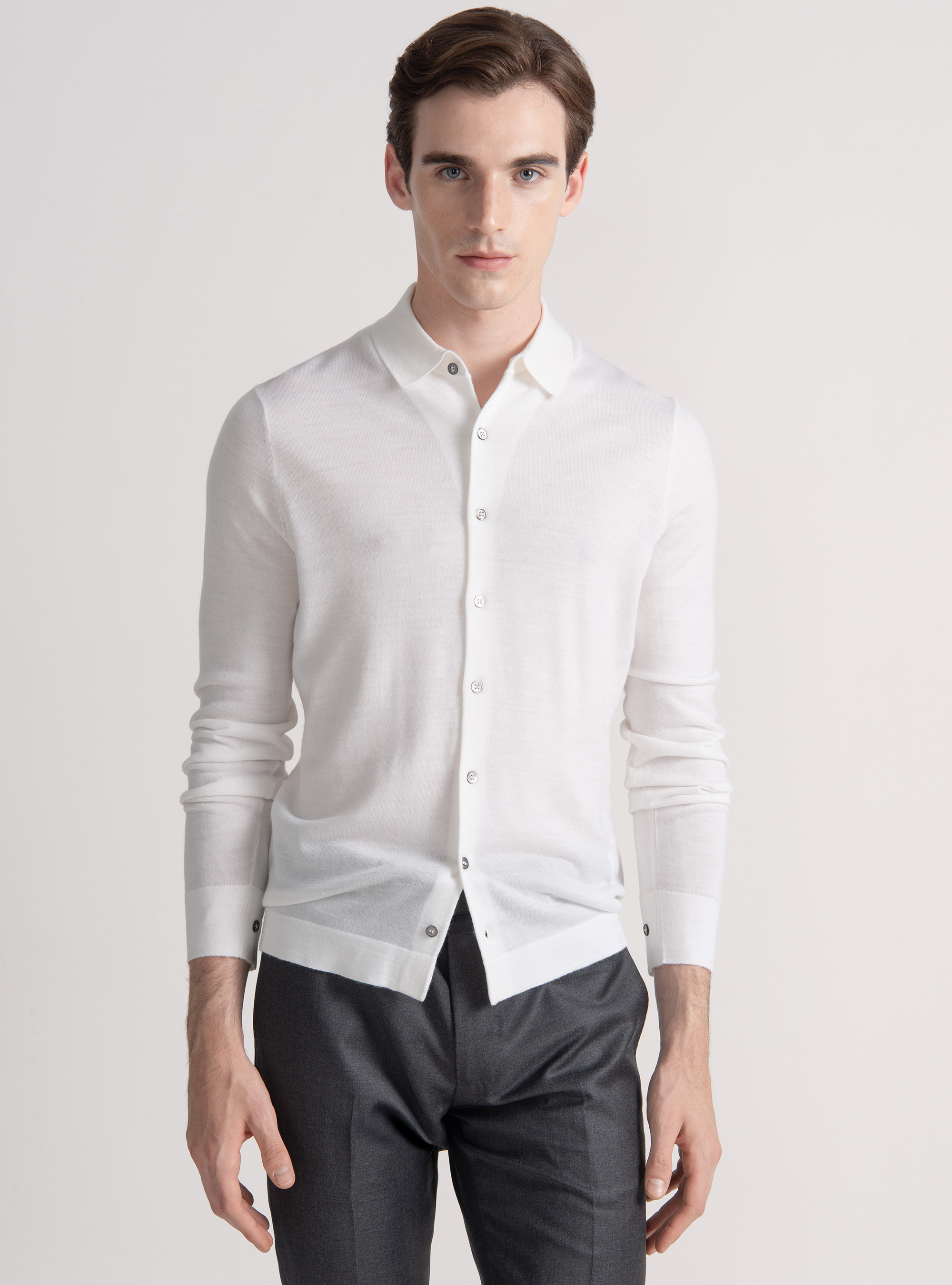 Polo camicia in maglia lana merino extrafine, BIANCO