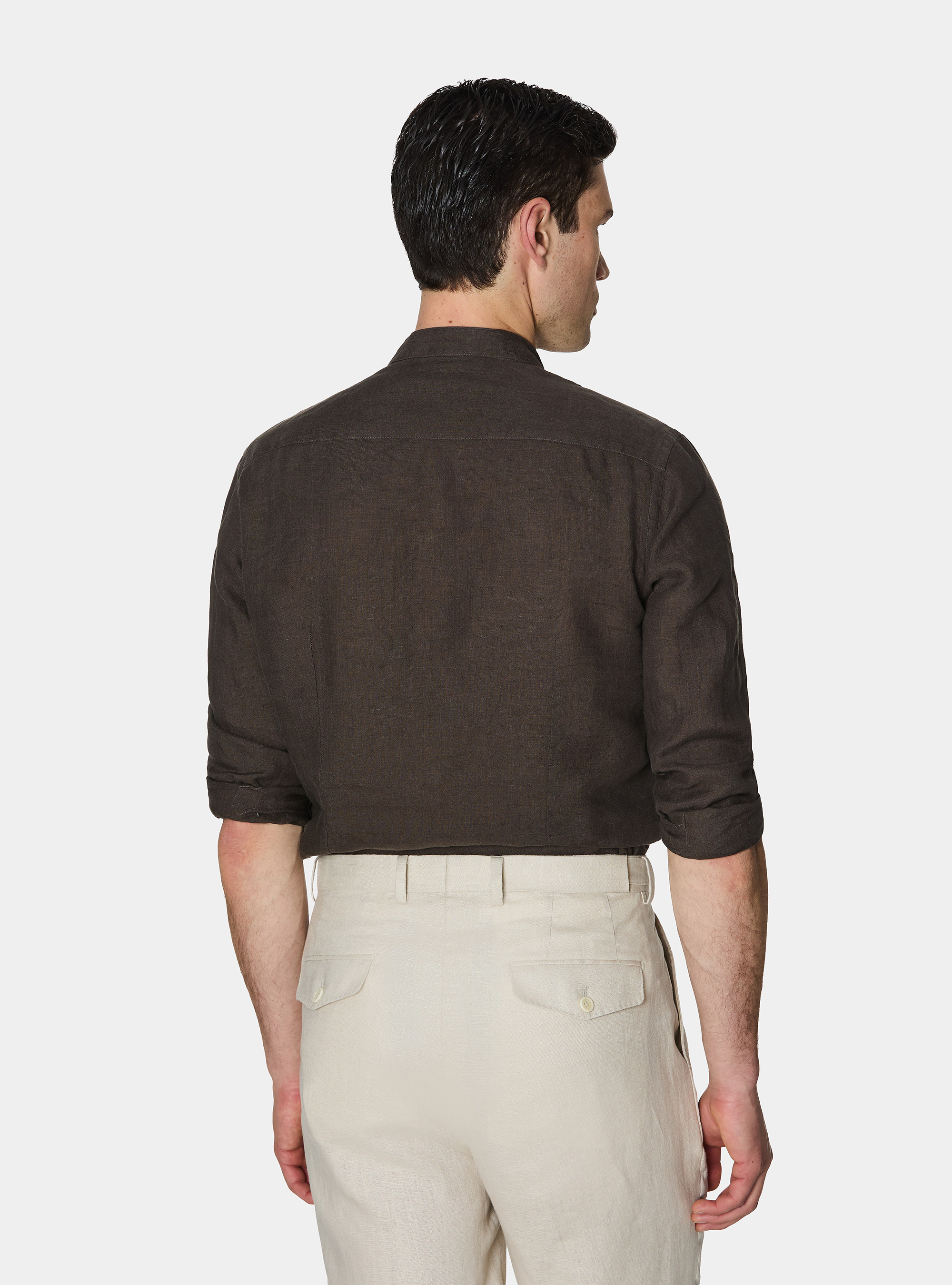 Camicia coreana in puro lino, MARRONE