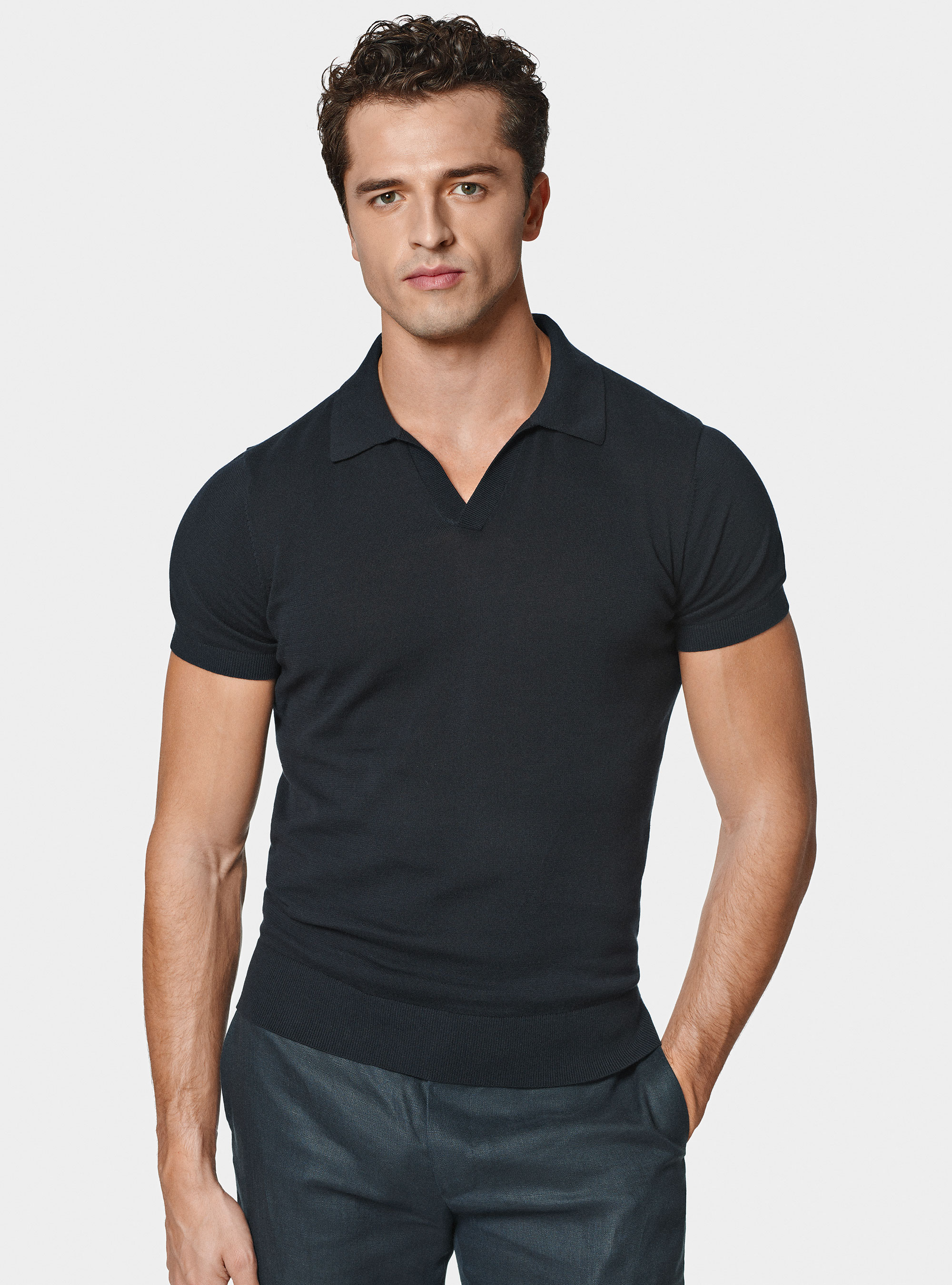 Polo in maglia senza bottoni in cotone extrafine, BLU NAVY