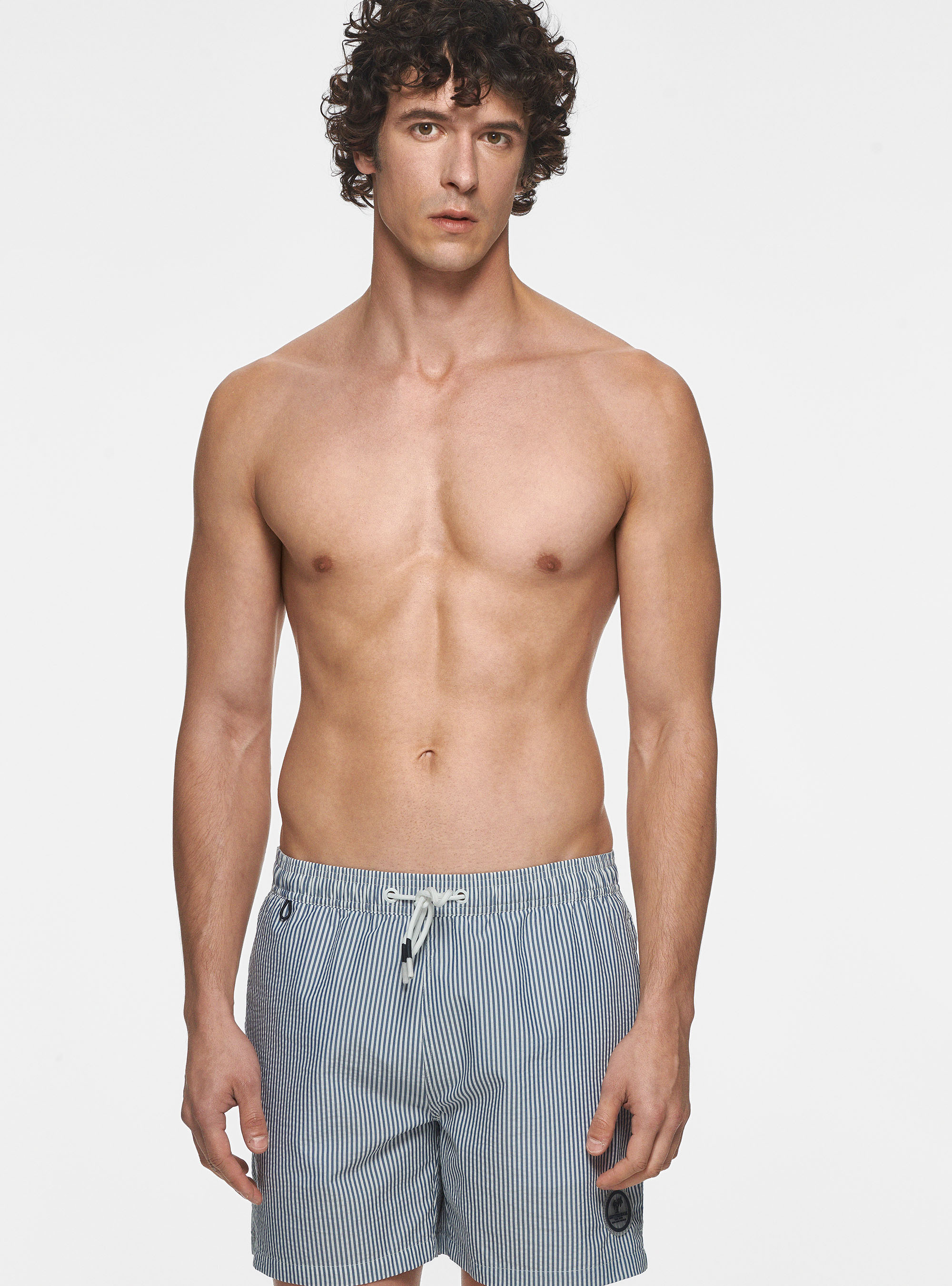 Costume da bagno in seersucker rigato, BLU