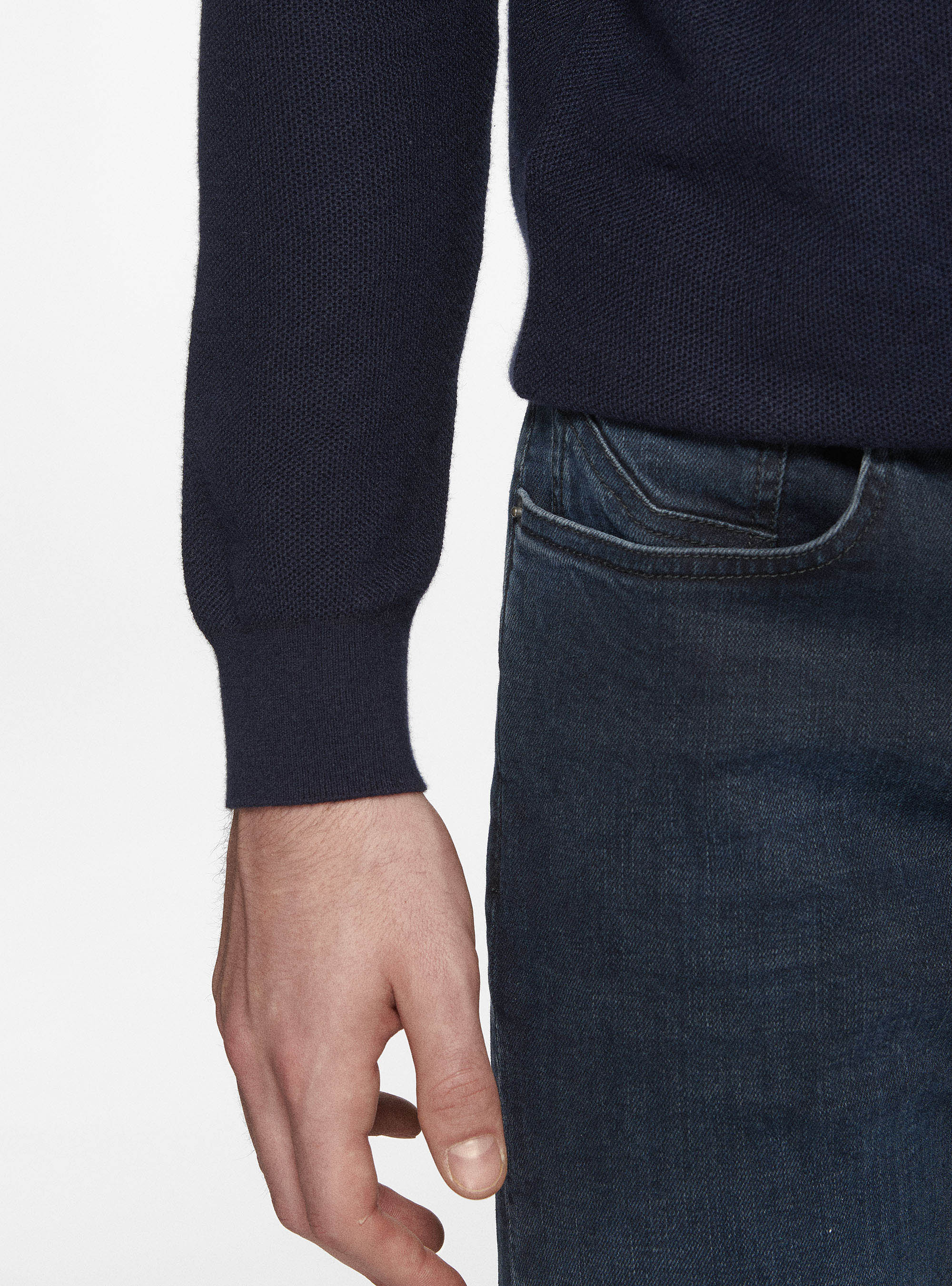 Maglia girocollo nido d'ape in cotone cashmere, BLU NAVY