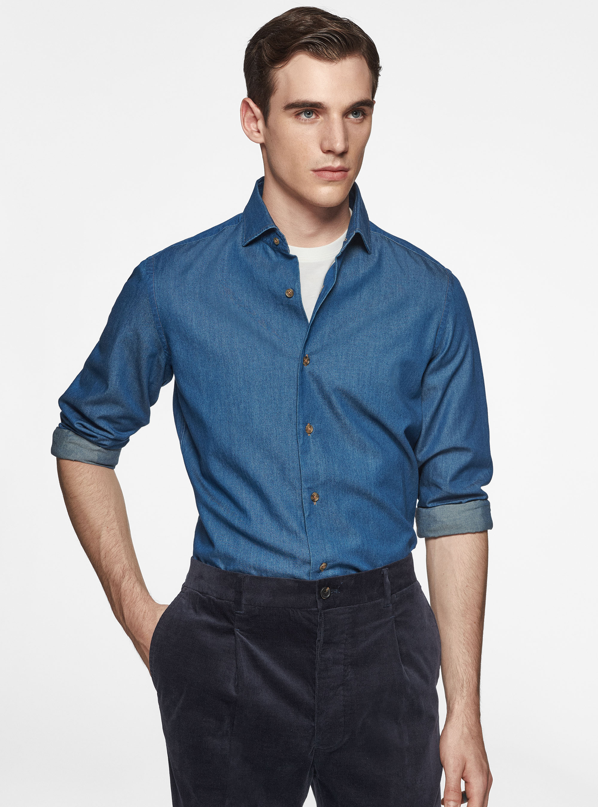 Camicia in cotone chambray, BLU NAVY