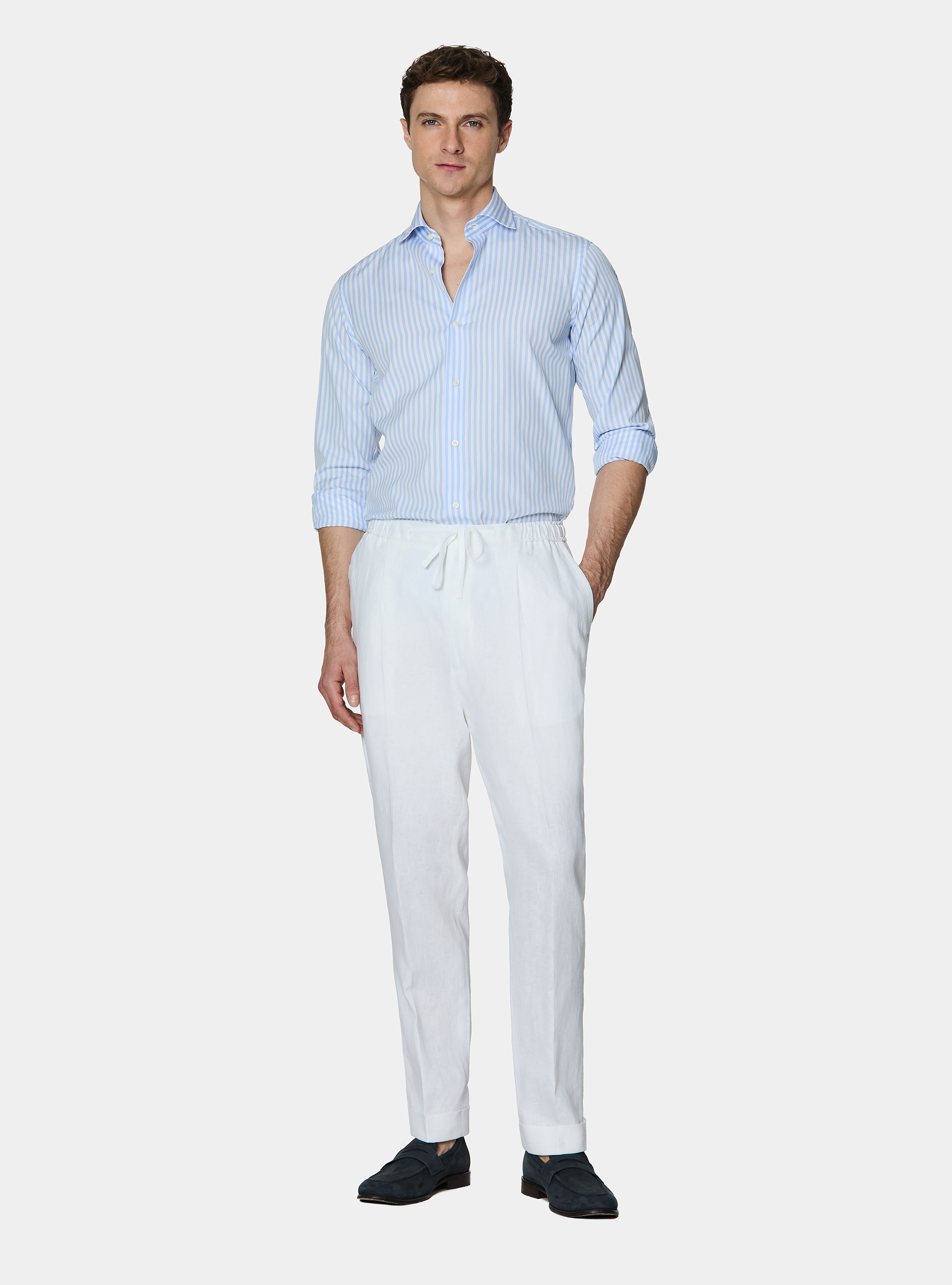 Pantaloni in puro lino con pince e coulisse, BIANCO
