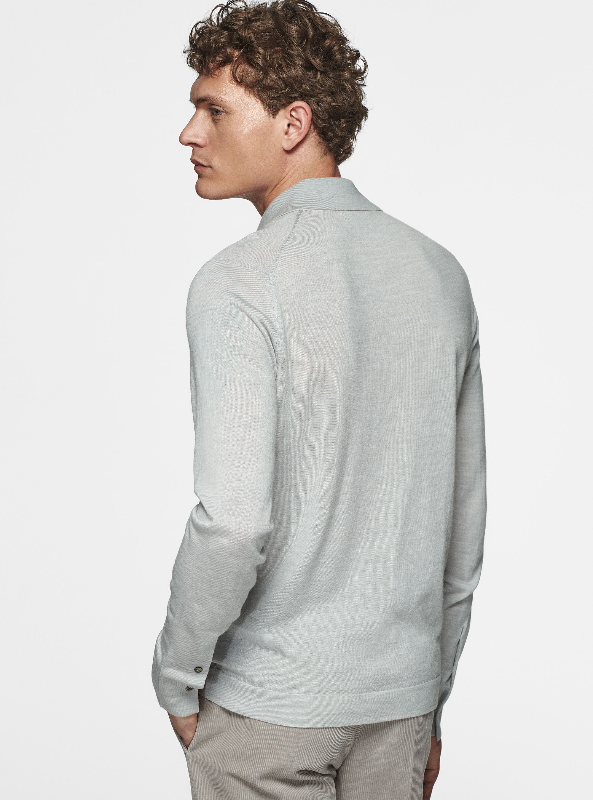 Camicia in maglia in pura lana merino extrafine, GRIGIO CHIARO MELANGE