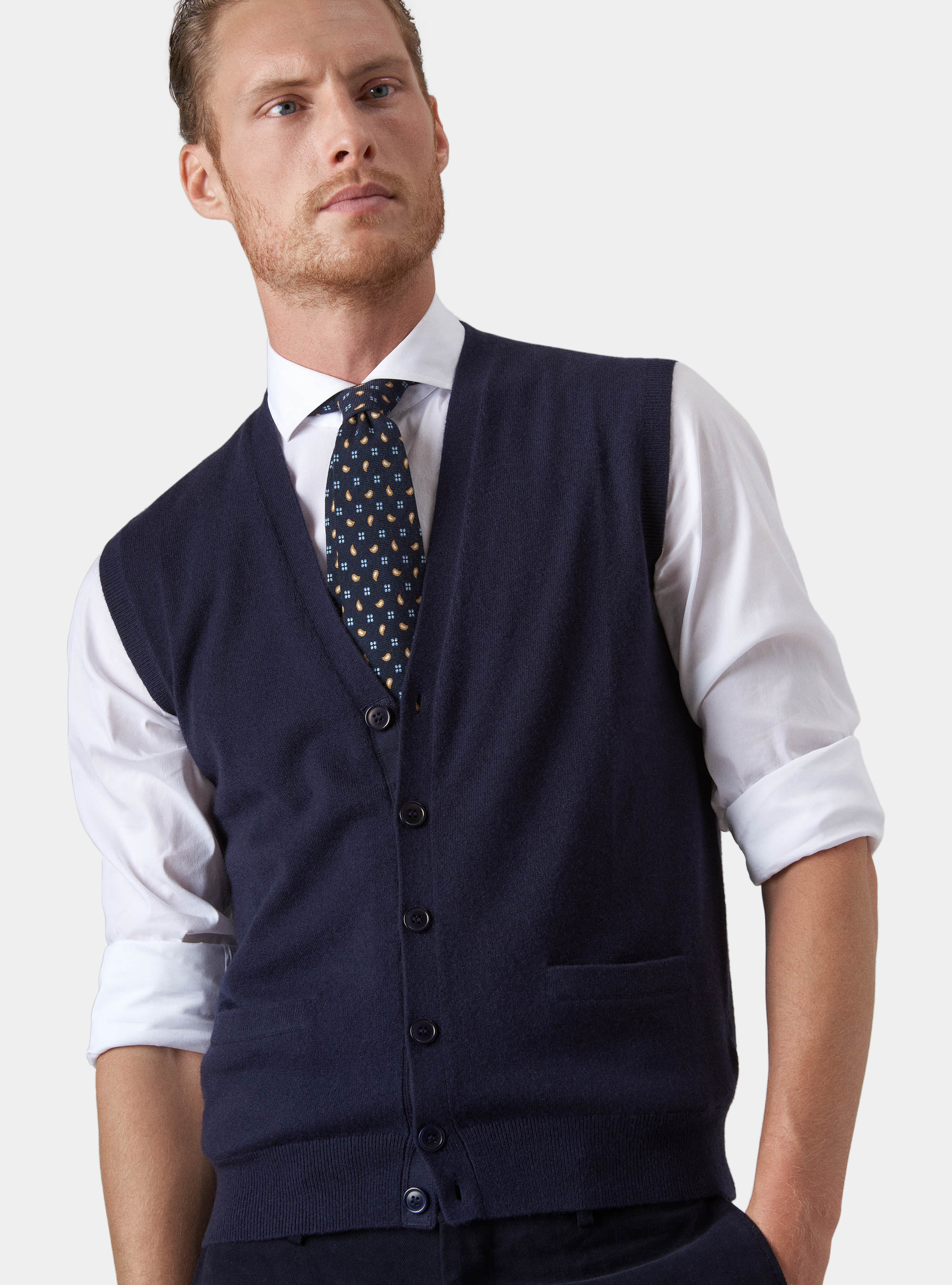 Gilet in maglia con bottoni in 100% cashmere, BLU NAVY