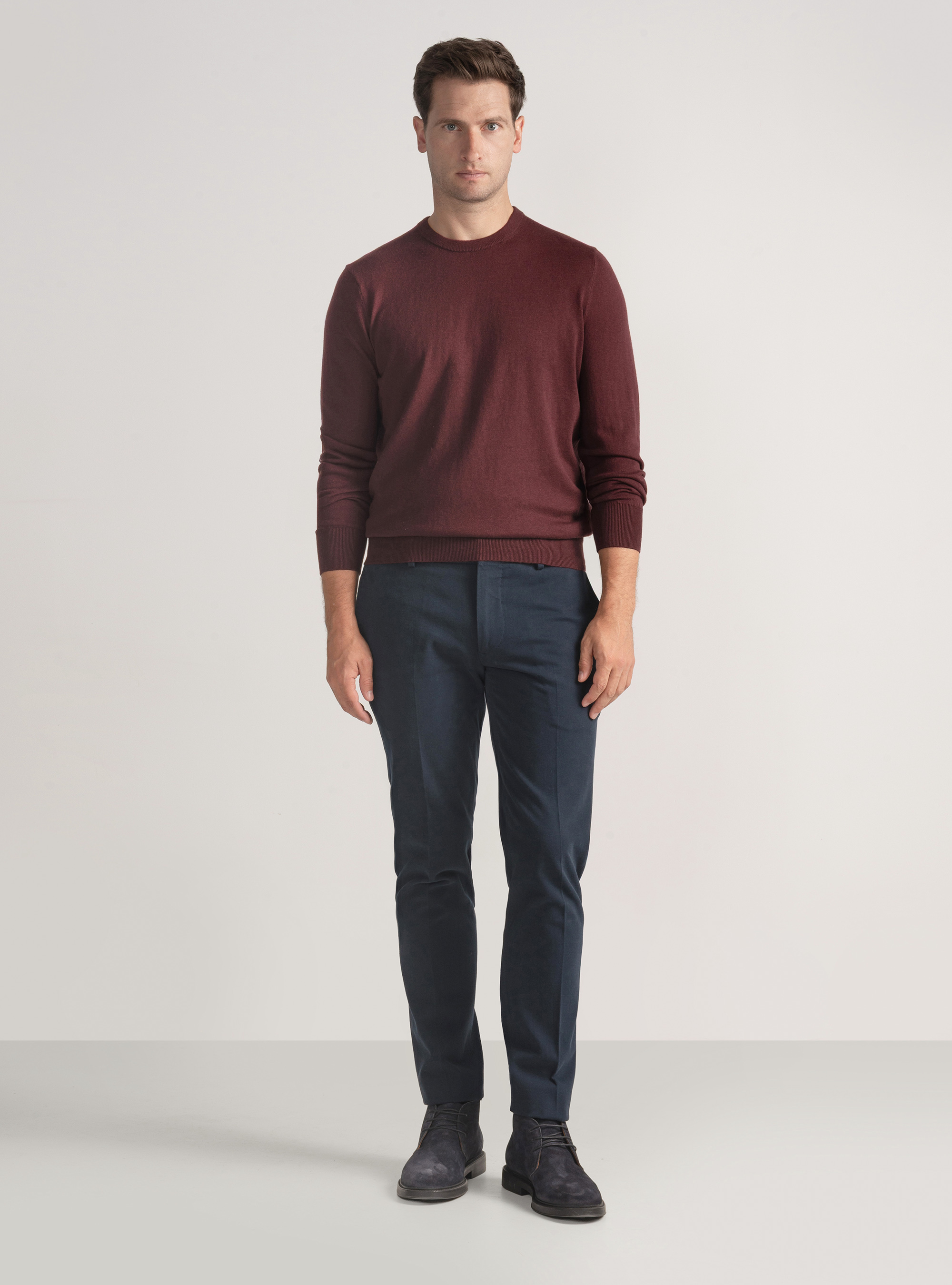 Crew-neck sweater in cotton silk and cashmere, BORDEAUX