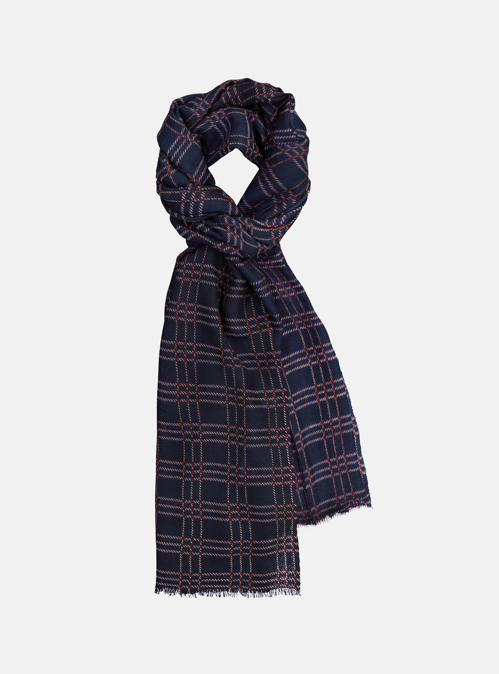 CHECKED WOOL SCARF, NAVY BLUE