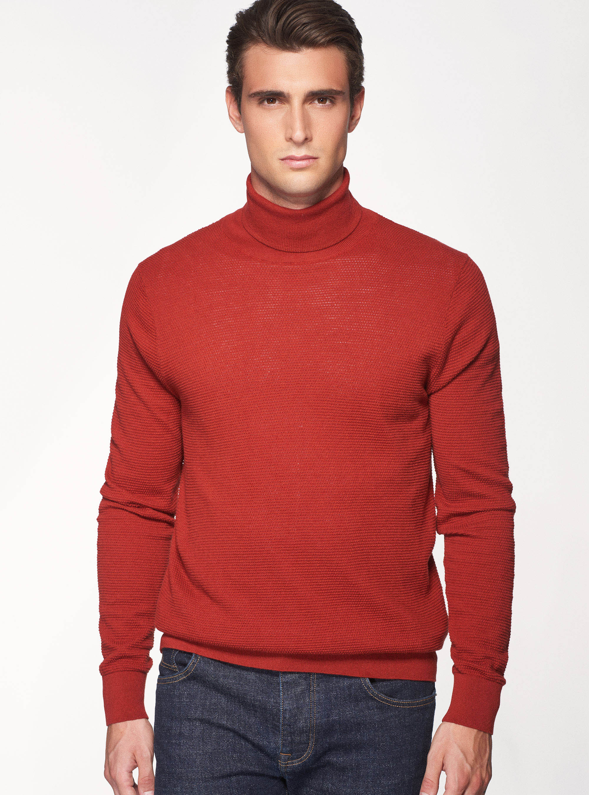 Dolcevita in cotone cashmere punto riso, MATTONE