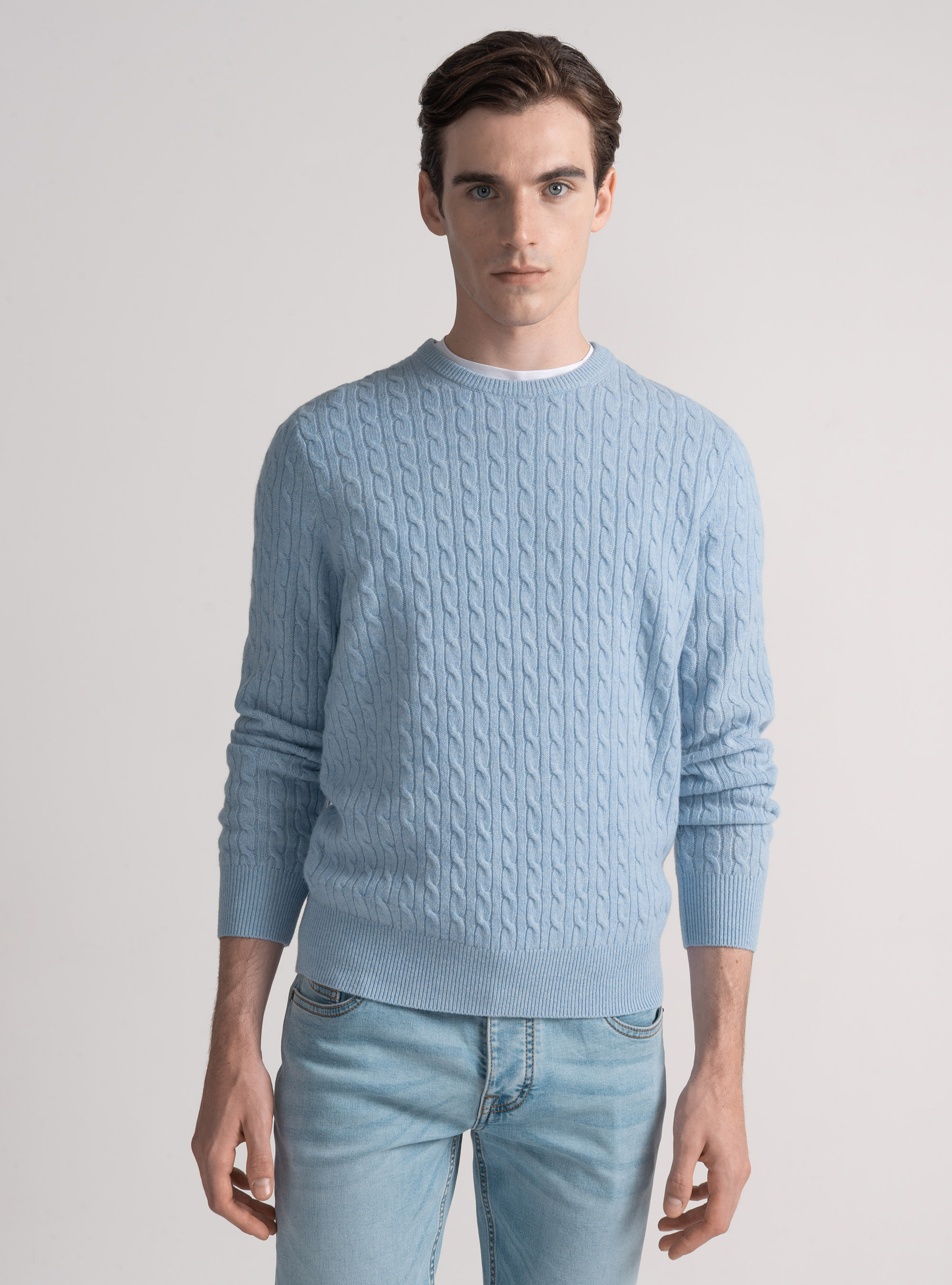 Cashmere wool crew-neck sweater with braid, AZZURRO POLVERE 0283C