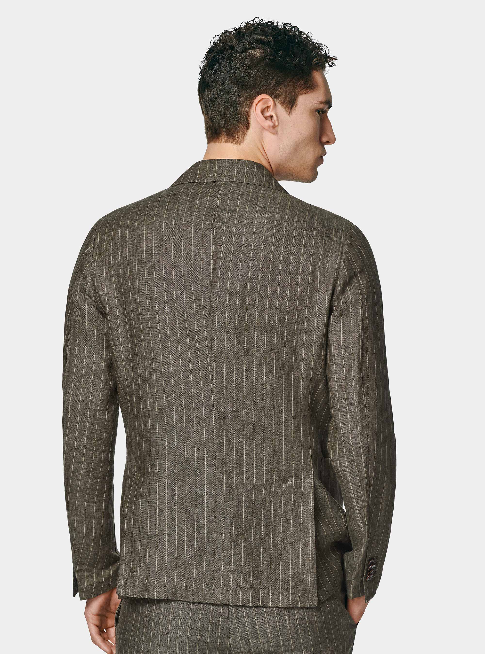 Americana de traje de raya diplom&aacute;tica con doble botonadura en lino delav&eacute;, MARRON