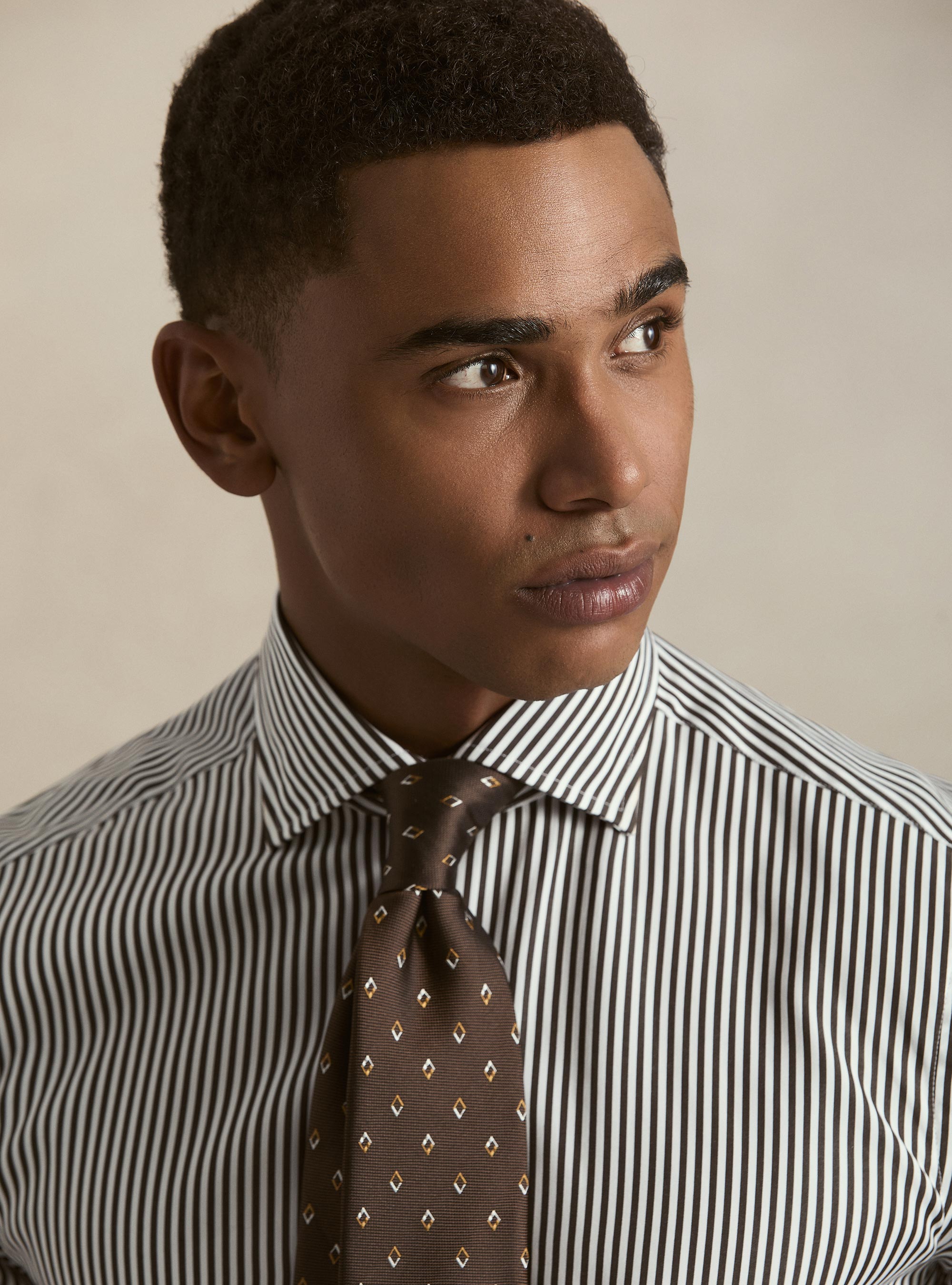 Camicia rigata cotone popeline collo semifrancese, MARRON